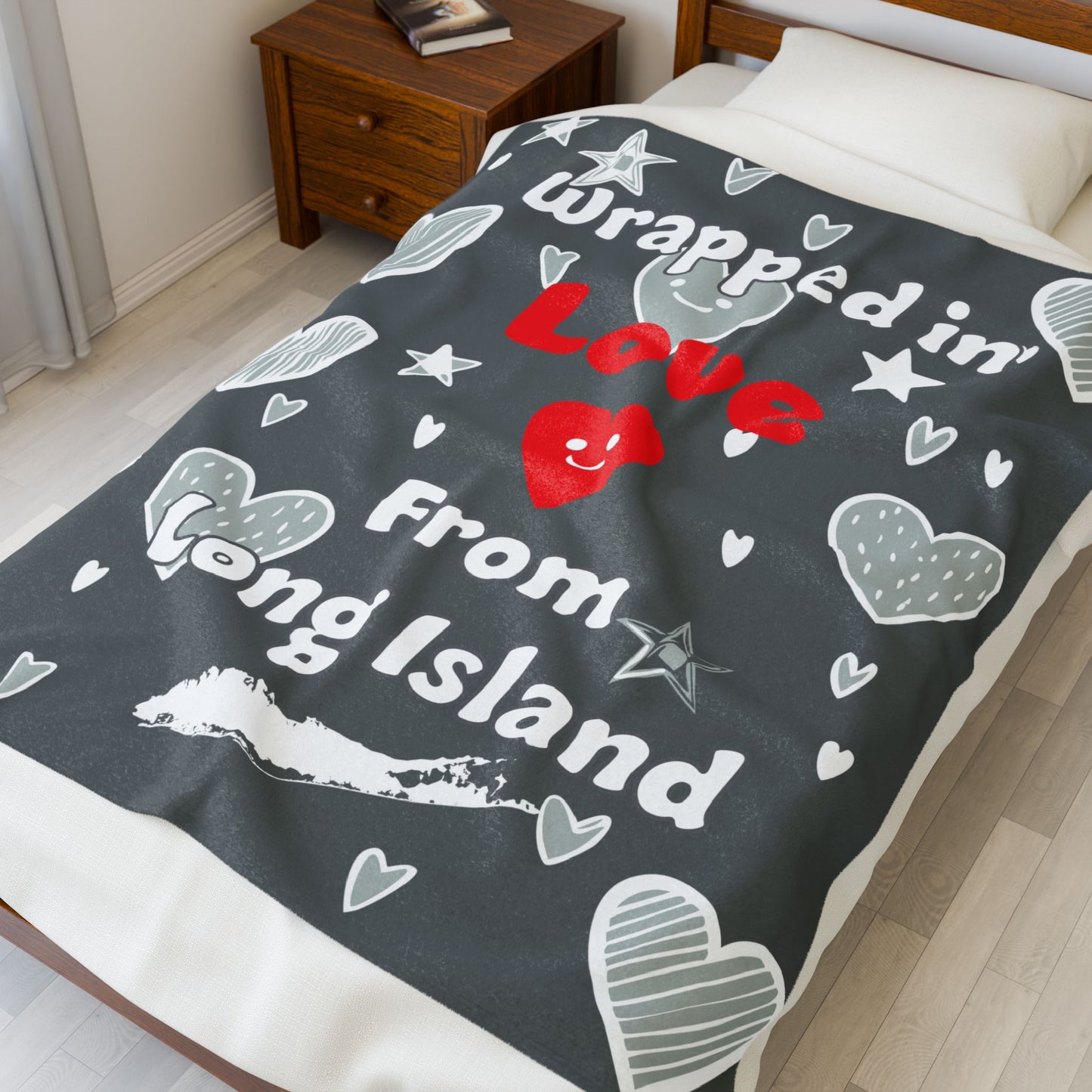 What's Up Long Island? Wrapped in Love Cozy Velveteen Plush Blanket - 5 Colors Available, Heart Design, Gift for Loved Ones