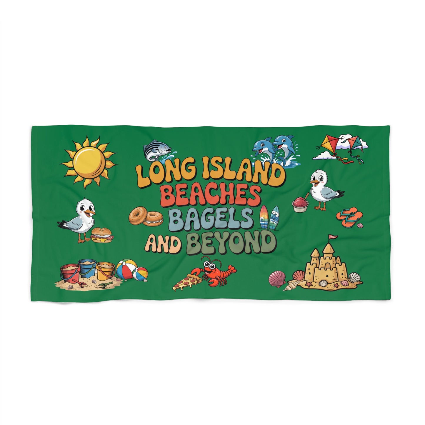 What's Up Long Island? Cute Green Beach Towel 30 x 60" with Long Island Beaches Design, perfect large beach towel for little ones to sit on or snuggle with
