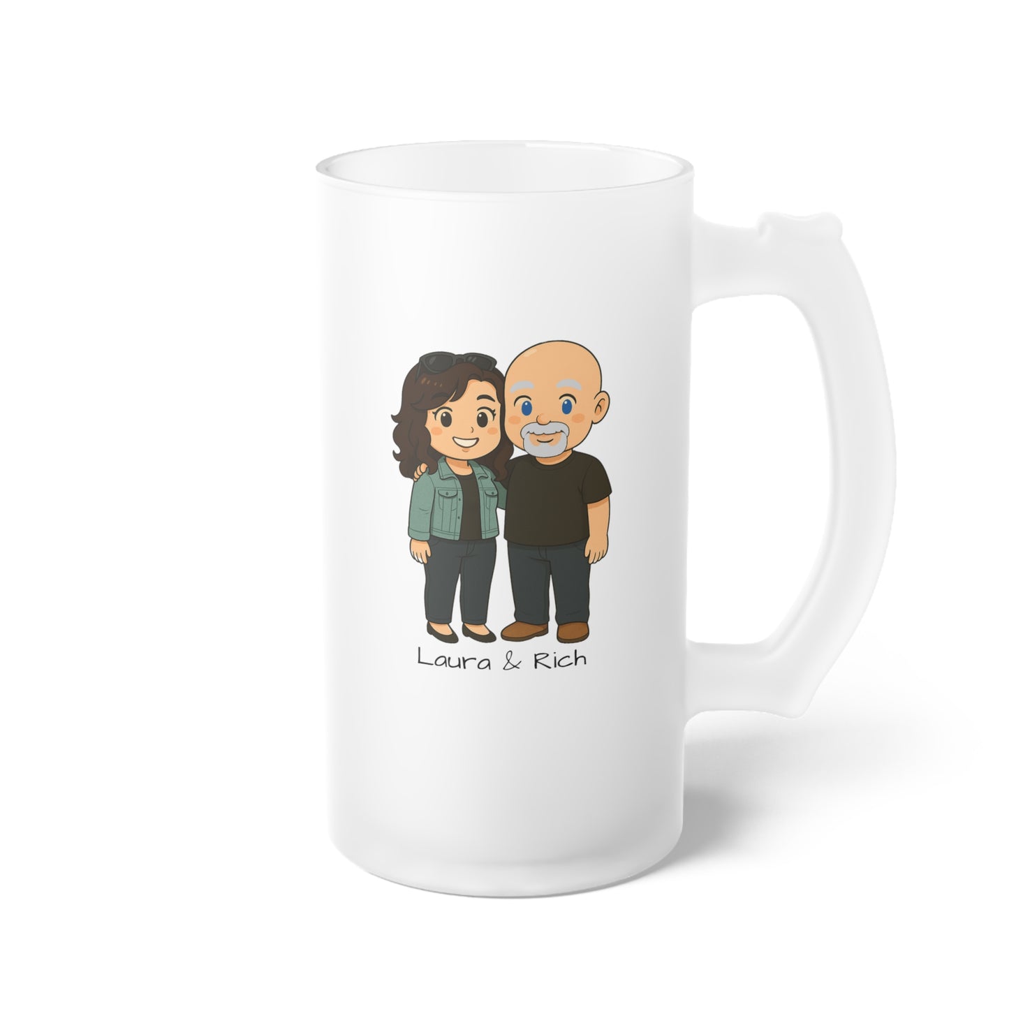 Laura & Rich Frosted Glass Beer Mug – Personalized Cartoon Couples Design, Fun Father’s Day Gift