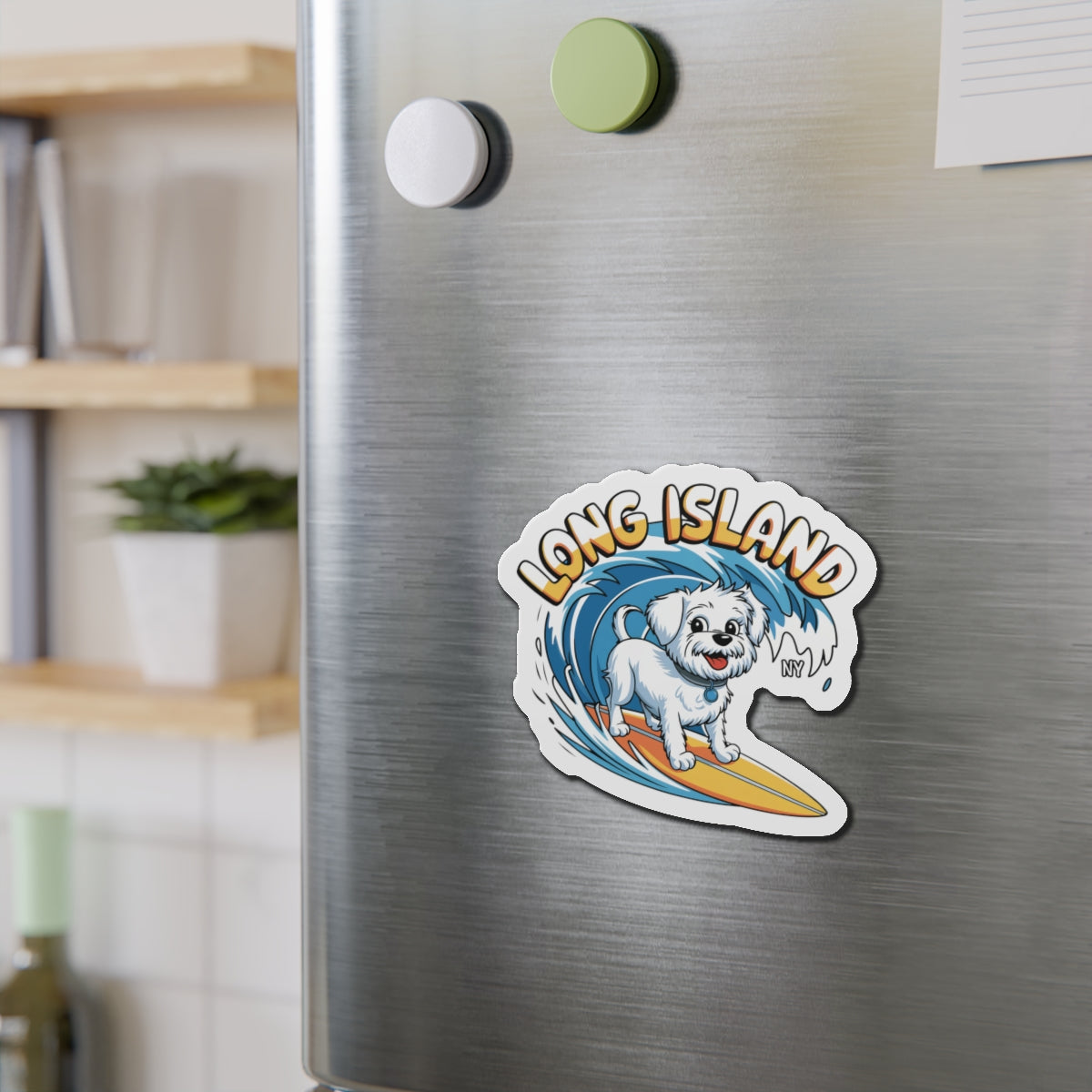 Long Island Surfing Dog Die-Cut Magnet - Fun Beach Decor for Pet Lovers