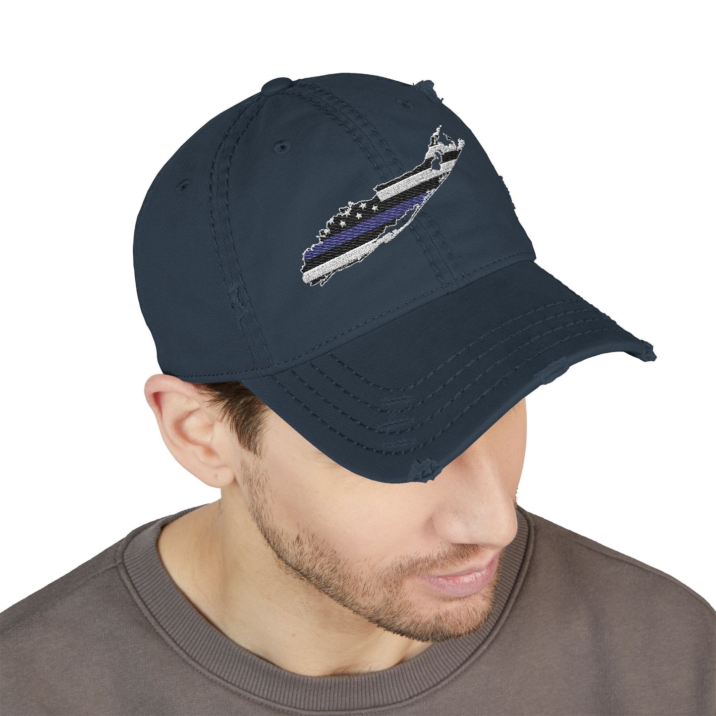 What's Up Long Island? Distressed Embroidered Hat — Thin Blue Line Vintage Cap