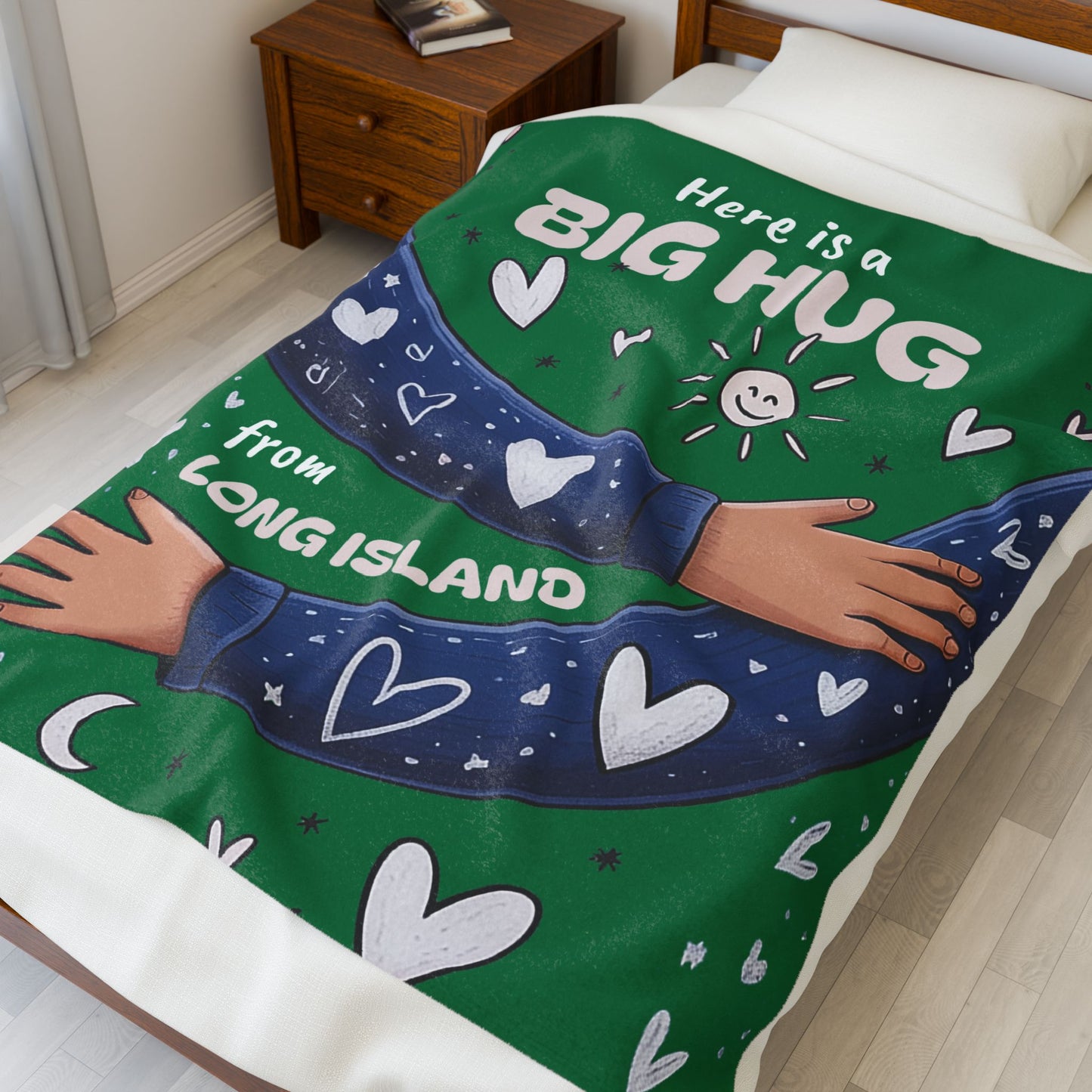 What's Up Long Island? Big Hug Velveteen Green Plush Blanket - Big Hug from Long Island - Cozy Gift for Loved Ones
