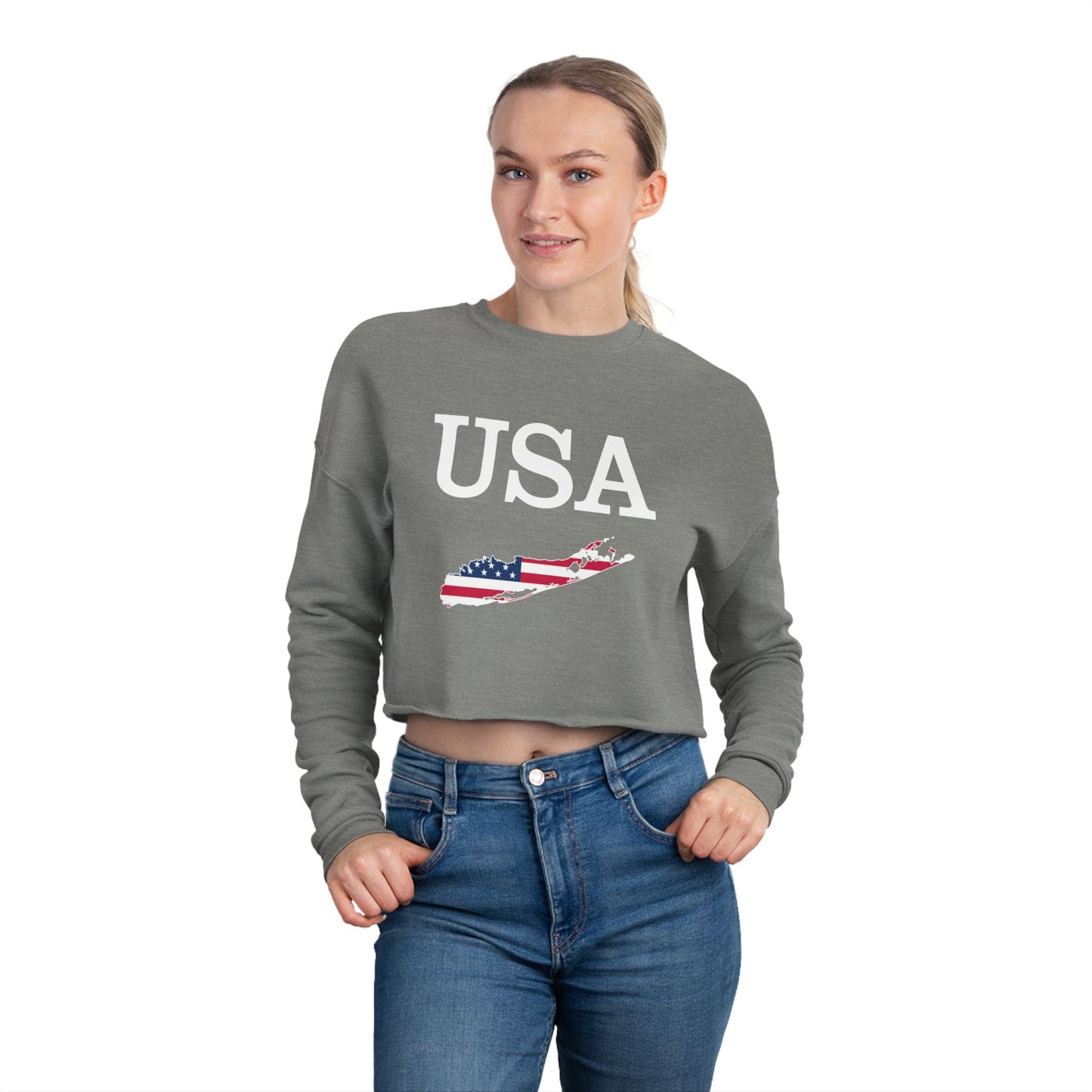 USA Graphic What's Up Long Island? Women's Cropped Sweatshirt, Patriotic Apparel, Independence Day Gift