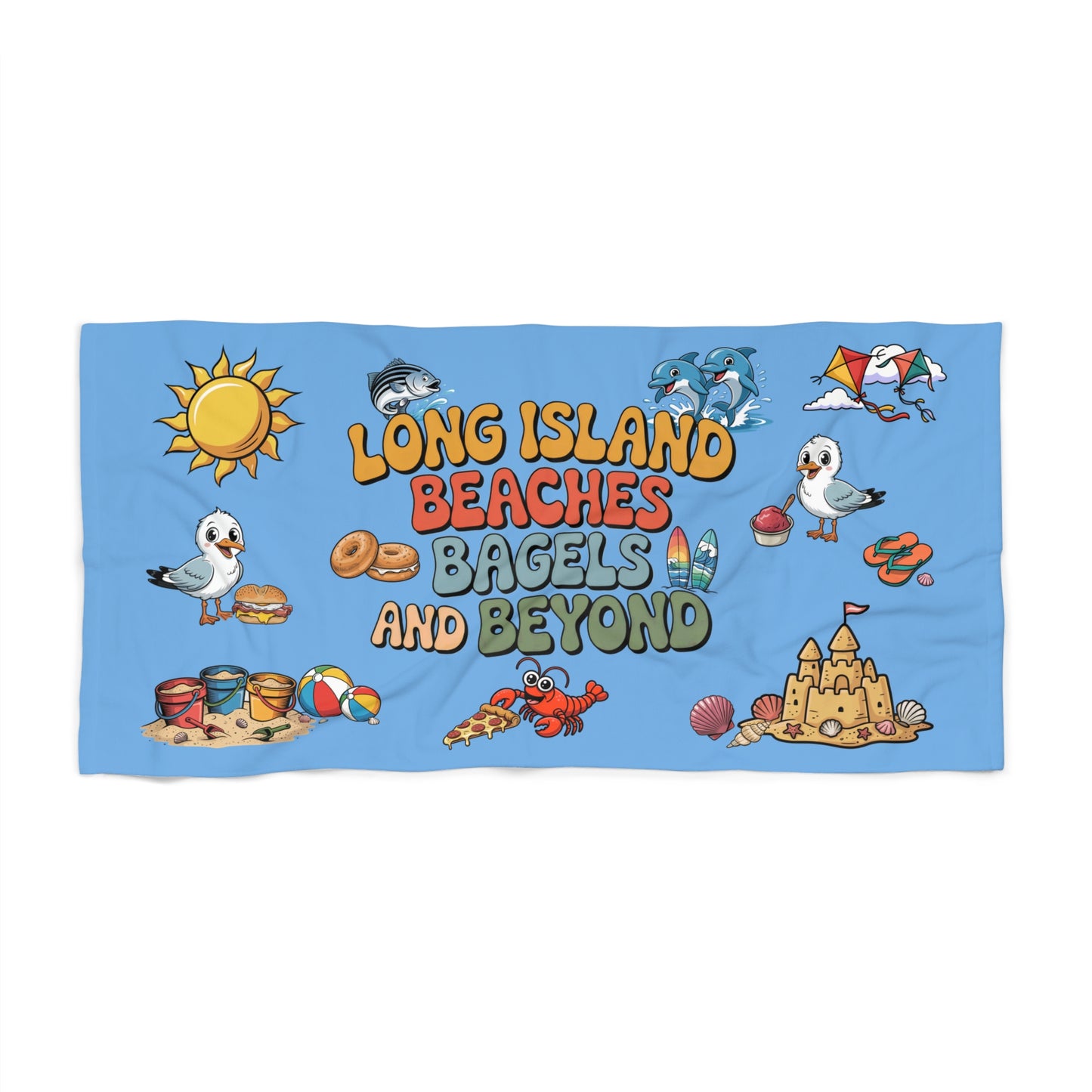 What's Up Long Island? Cute Light Blue Beach Towel 30 x 60" with Long Island Beaches Design, perfect large beach towel for little ones to sit on or snuggle with