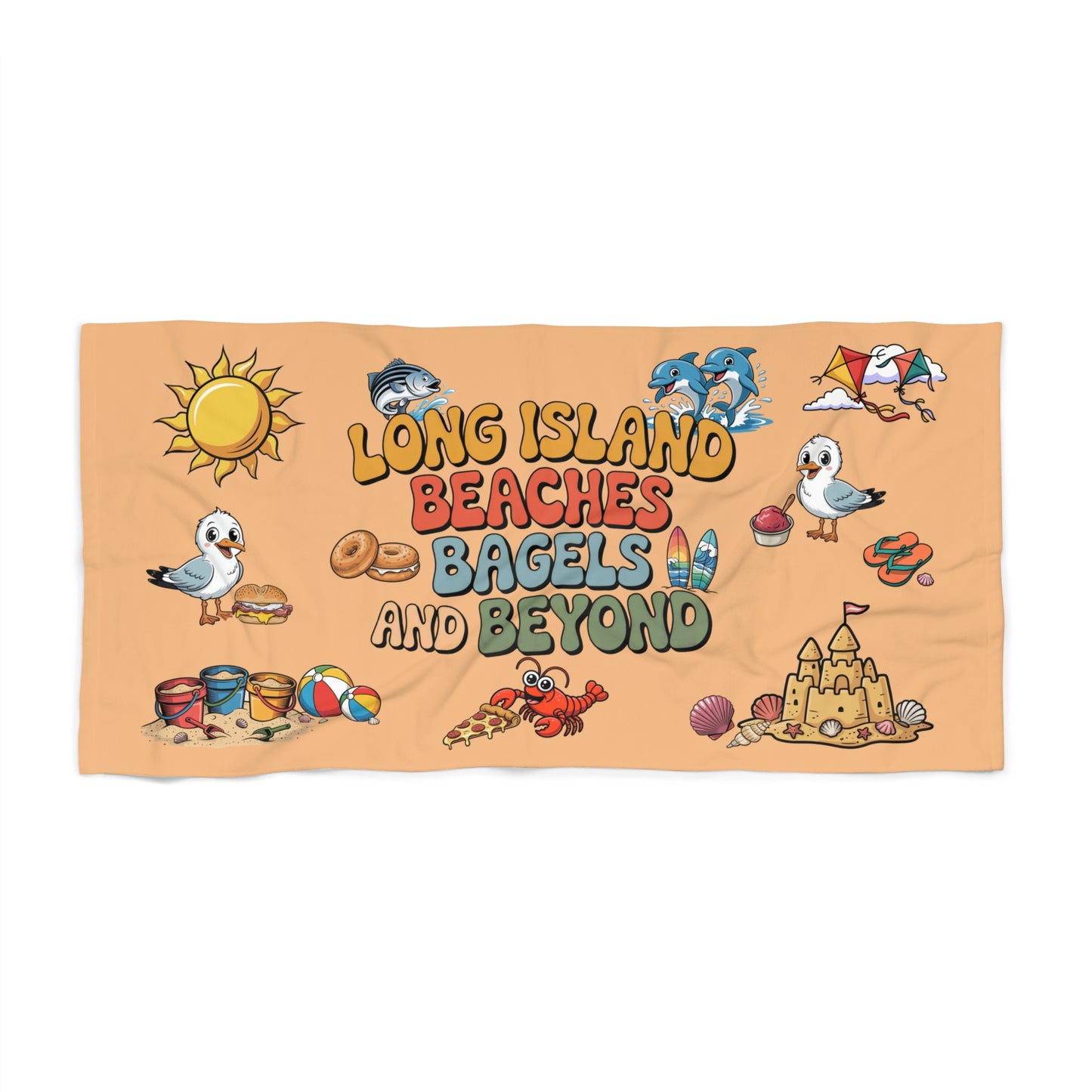 What's Up Long Island? Cute Peach color - Beach Towel 30 x 60" with Long Island Beaches Design, perfect large beach towel for little ones to sit on or snuggle with