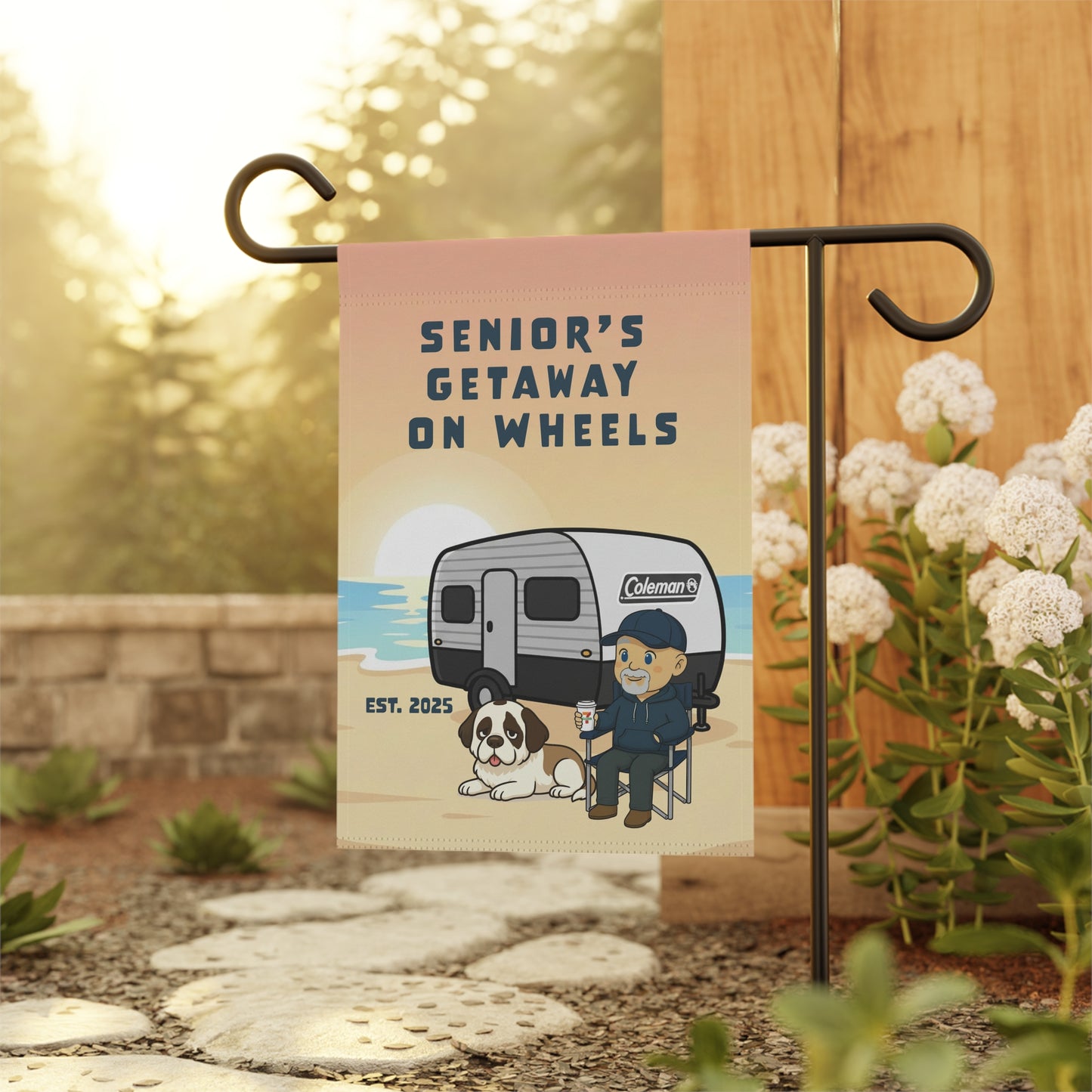 Rich Garden Flag — "Senior's Getaway On Wheels" RV Camping Banner