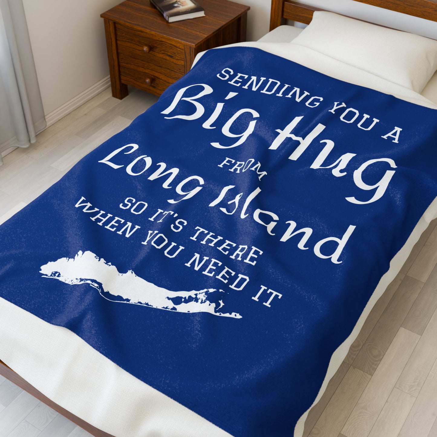Sending You a Big Hug from Long Island- Dark Blue Big Hug Velveteen Plush Blanket - What's Up Long Island?