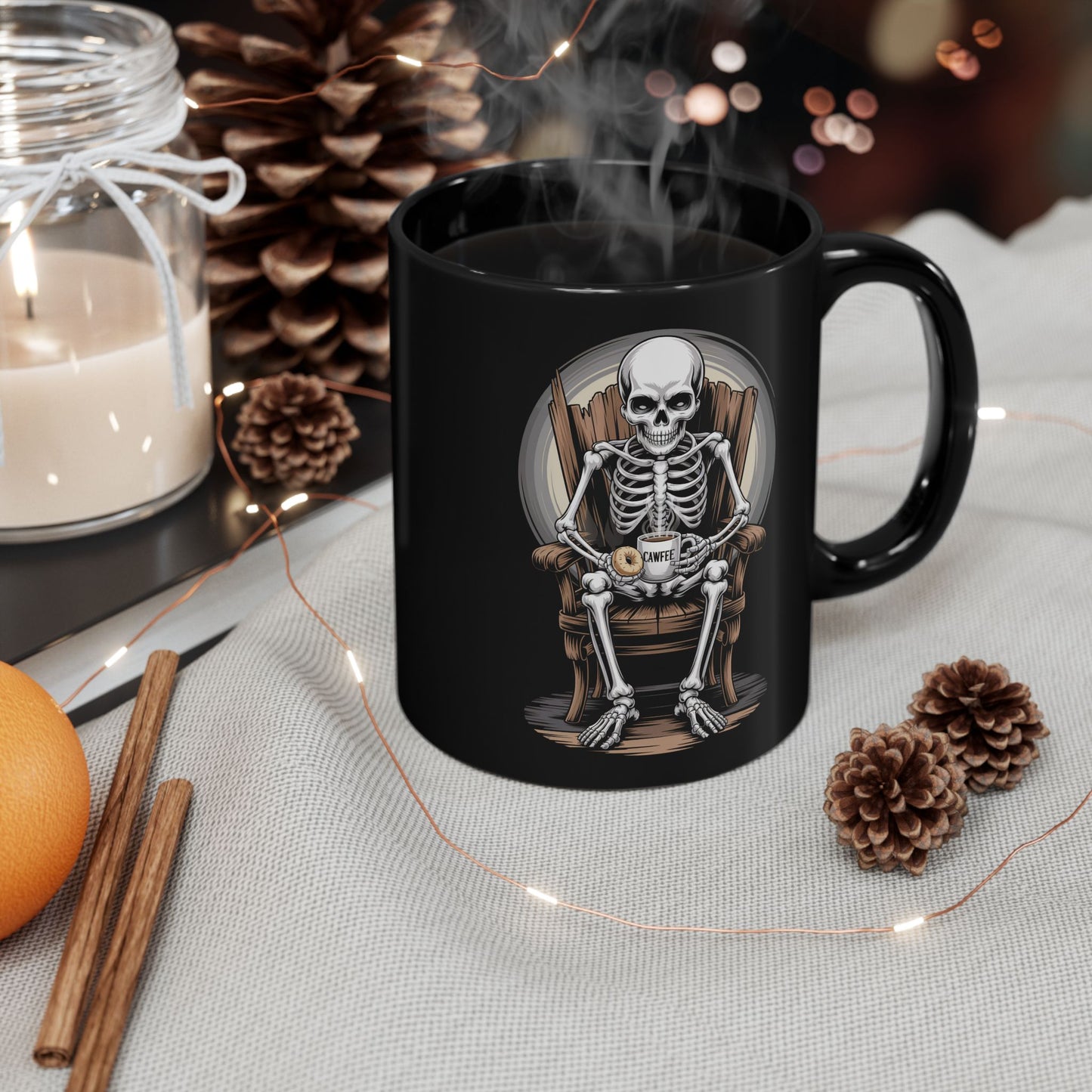 What's Up Long Island? Skeleton Cawfee Mug with Bagel | Black Mug, Halloween Decor, Gothic Gift, Home Office Accessory, Spooky Drinkware