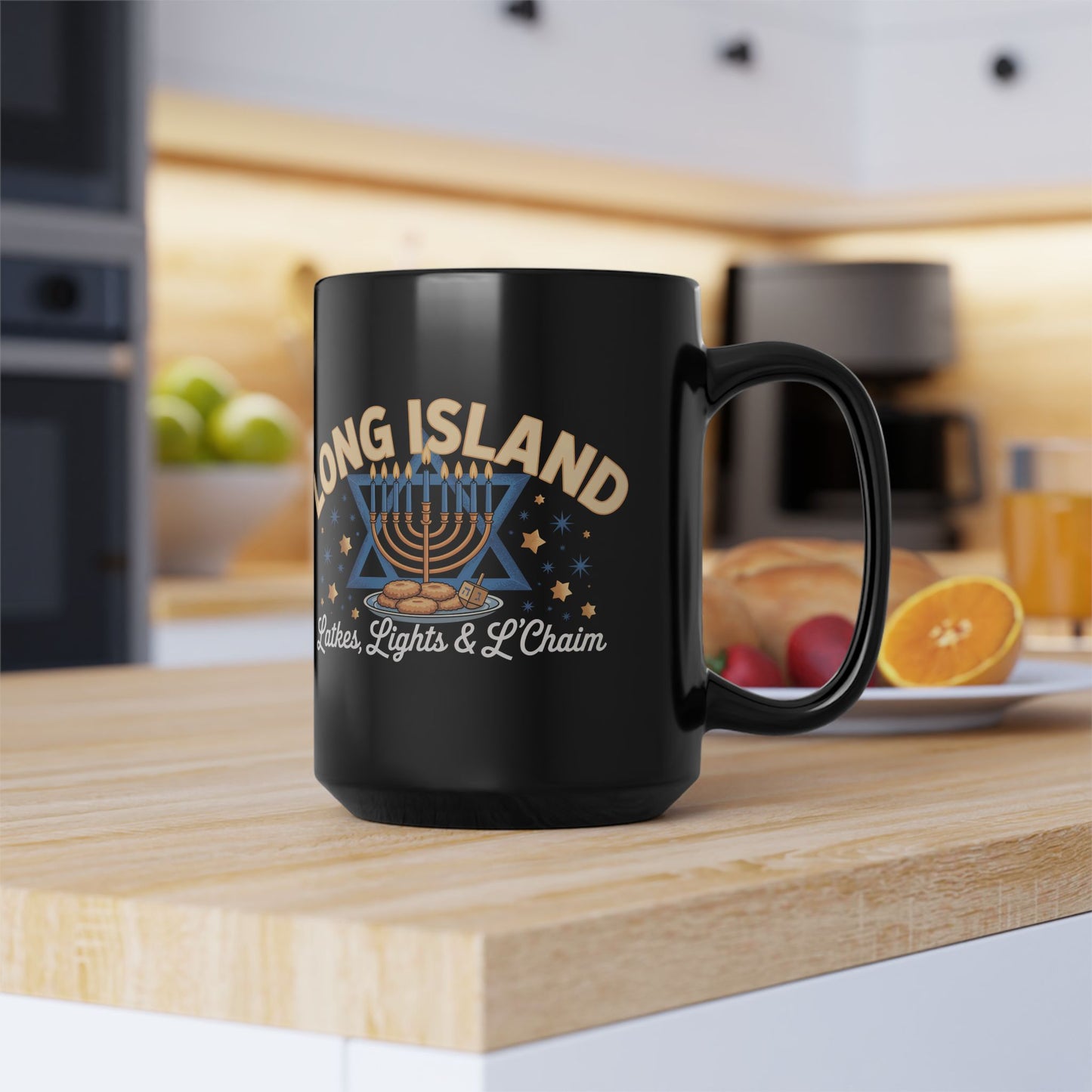 What's Up Long Island? Hanukkah Mug, Festive Black Coffee Cup, Latkes & L'Chaim Gift, Jewish Holiday Decor, Menorah Design