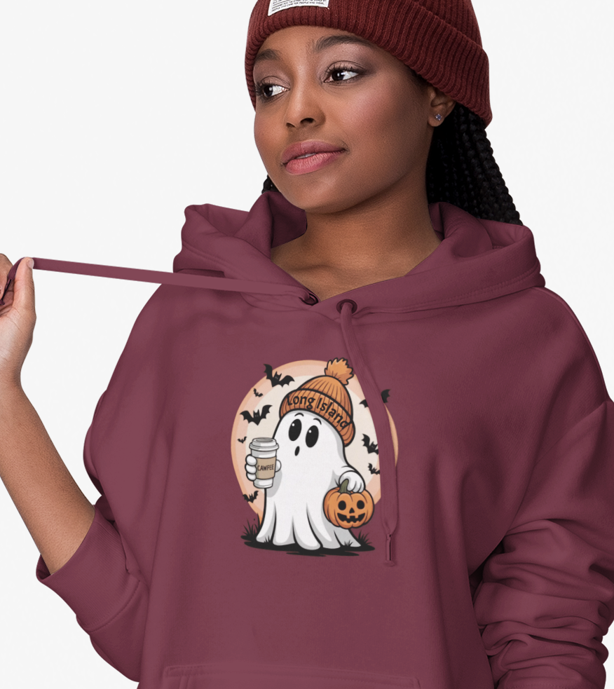 Cawfee What's Up Long Island? Ghost Hoodie - Cozy Unisex Sweatshirt for Fall, Perfect for Thanksgiving, Gift for Beach Lovers, Casual Wear