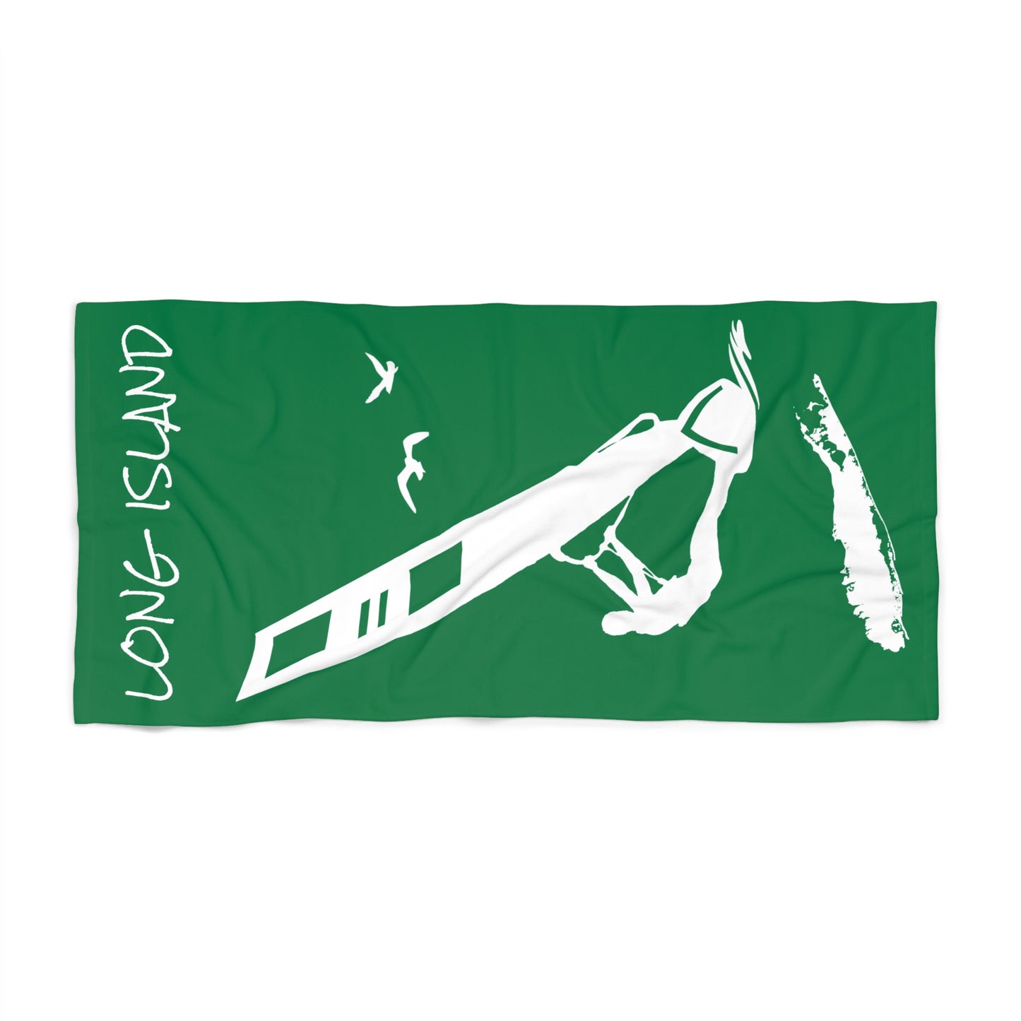 What's Up Long Island? Green Windsurfing Beach Towel — Nautical Surf & Seagull Design