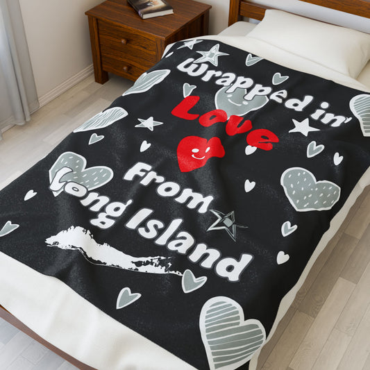 What's Up Long Island? Wrapped in Love Black Cozy Velveteen Plush Blanket, Soft Throw Blanket, Heart Design, Gift for Loved Ones