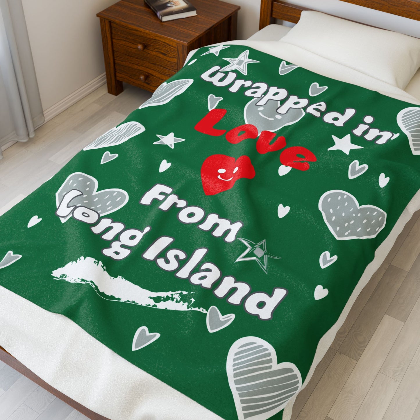 What's Up Long Island? Wrapped in Love Green Cozy Velveteen Plush Blanket, Soft Throw Blanket, Heart Design, Gift for Loved Ones