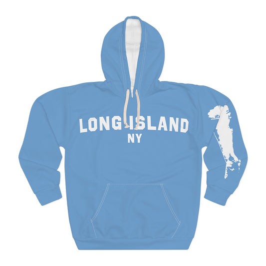 What's Up Long Island? NY Blue, Unisex Pullover Hoodie map on sleeve, Cozy Sweatshirt, Perfect Gift for Friends