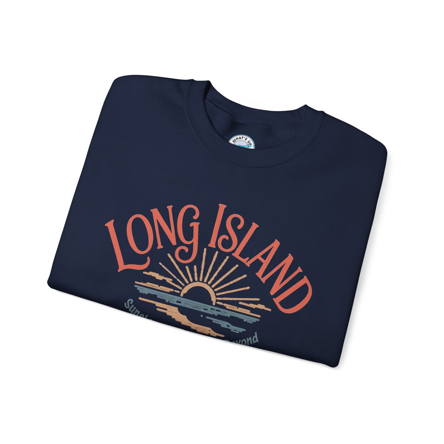 What's Up Long Island? Sunshine, Shorelines & Beyond - Sunset Crewneck Sweatshirt – Beach Vibes, Shoreline Graphic