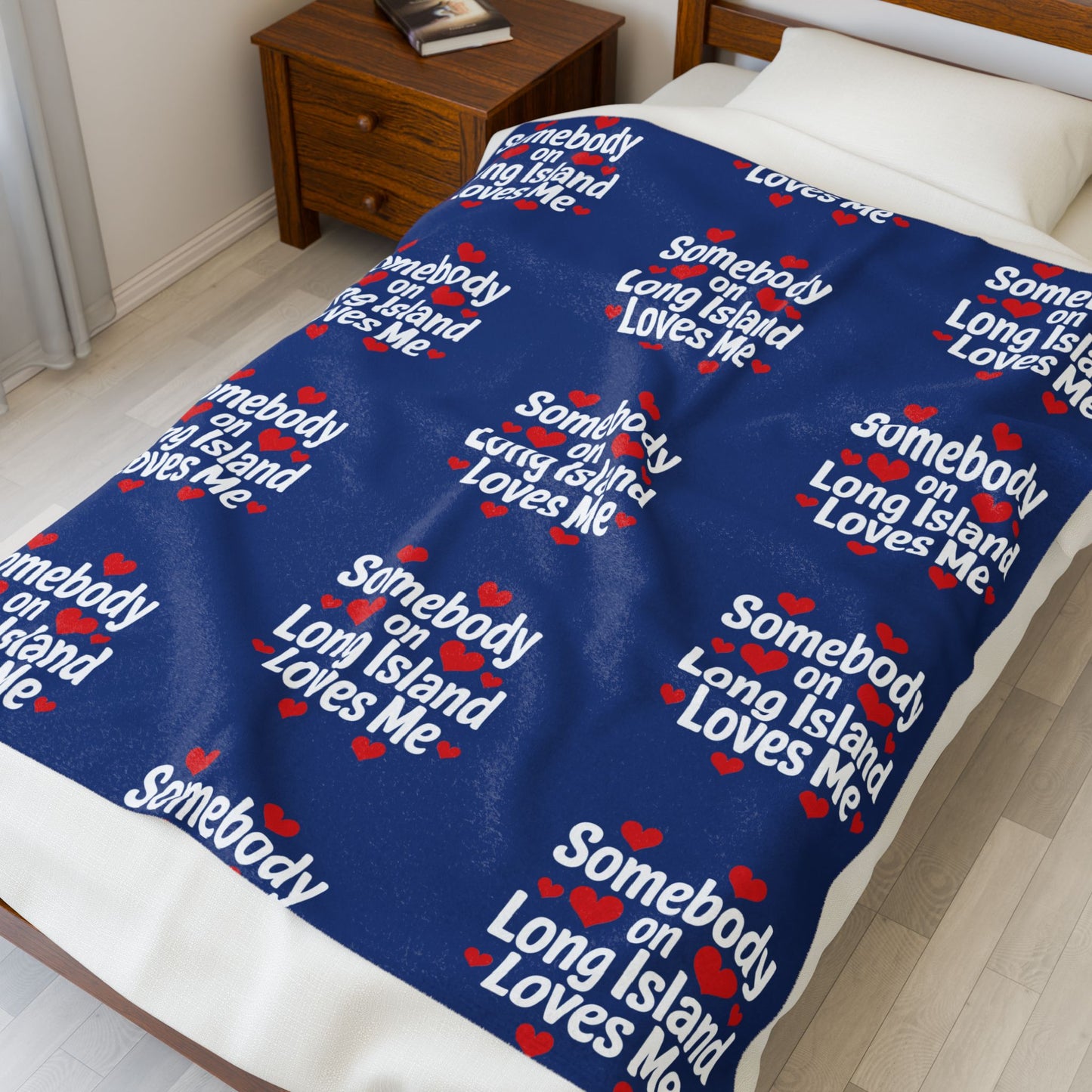 "Somebody on Long Island Loves Me" - Dark Blue Cozy Velveteen Blanket - What's Up Long Island?
