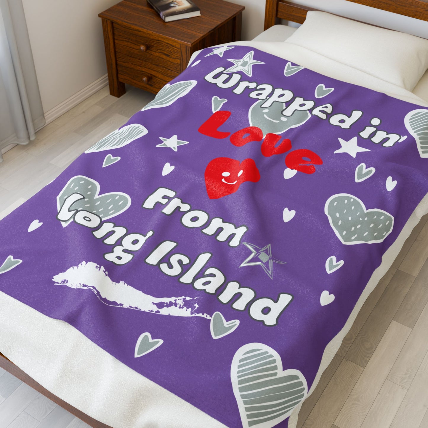 What's Up Long Island? Wrapped in Love Purple Cozy Velveteen Plush BlanketSoft Throw Blanket, Heart Design, Gift for Loved Ones