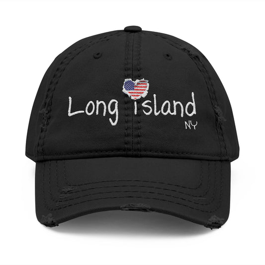 What's Up Long Island? NY Embroidered Distressed Hat with American Heart