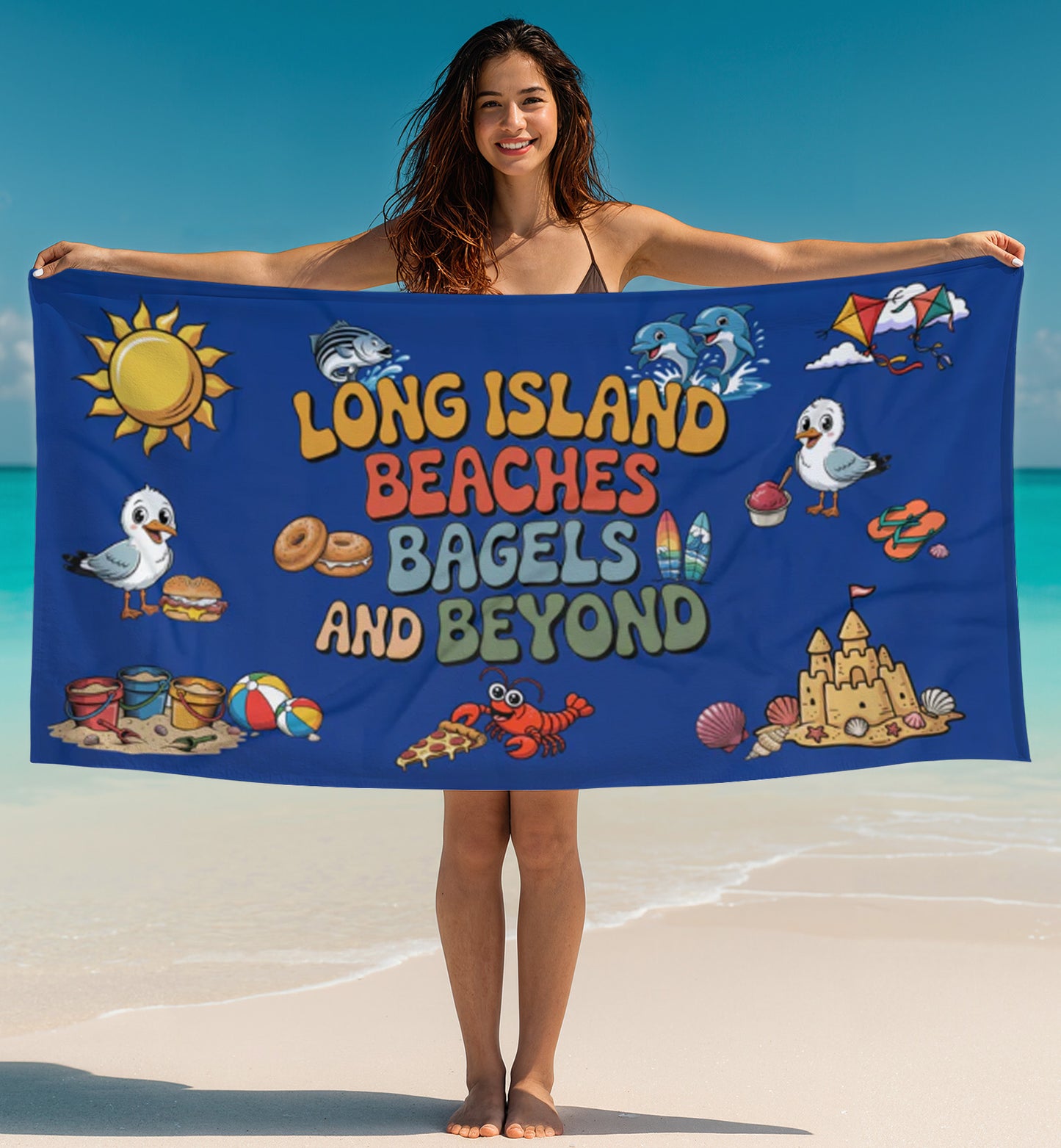 What's Up Long Island? Cute Beach Towel 30 x 60" 5 colors - Long Island Beaches Design, perfect large beach towel for little ones to sit on or snuggle with