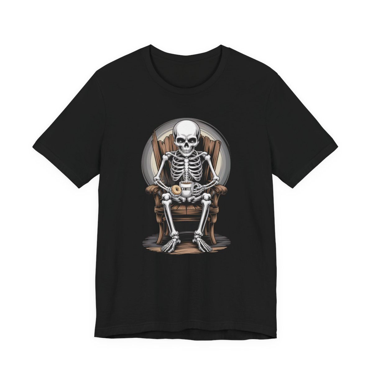 What's Up Long Island? Skeleton Holding Cawfee & Bagel T-shirt, perfect for Halloween or anytime you want