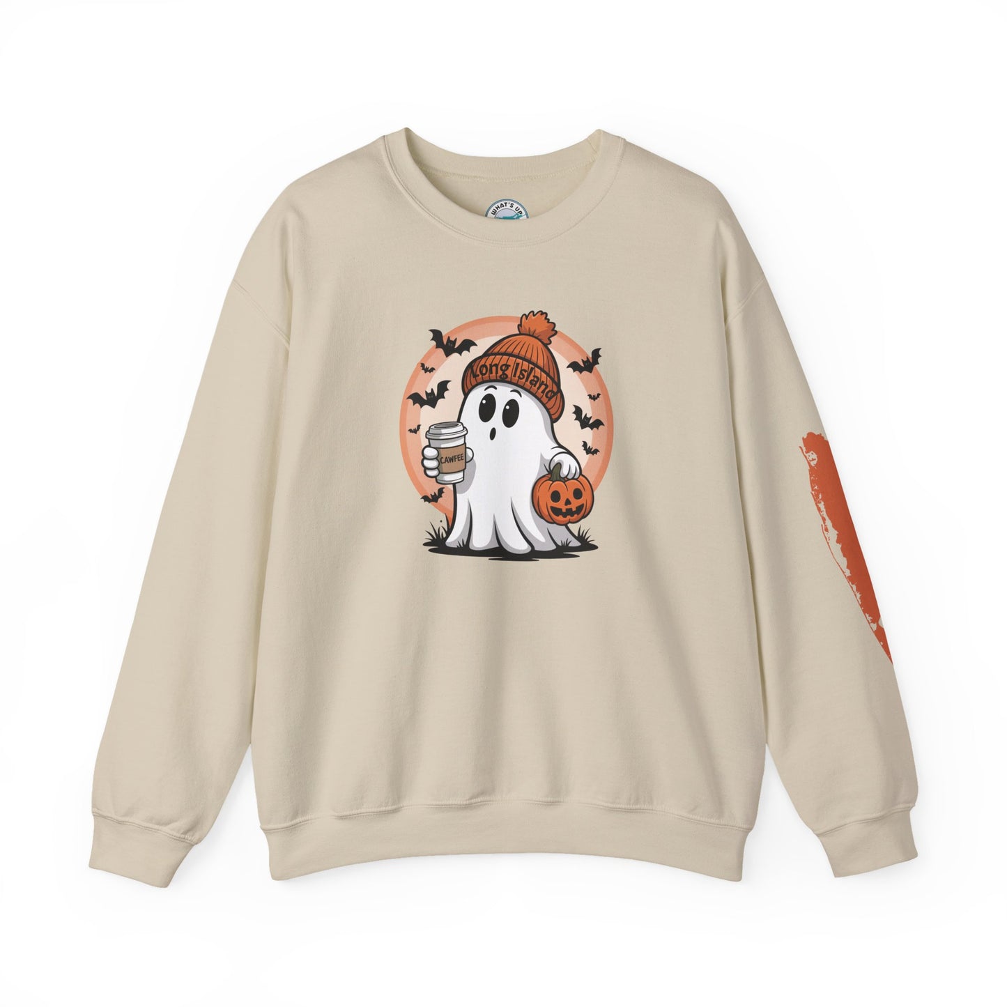 What's Up Long Island?  Cawfee Theme, Cute Halloween Ghost Sweatshirt, Halloween Gift, Cozy Autumn Wear, Unisex Apparel