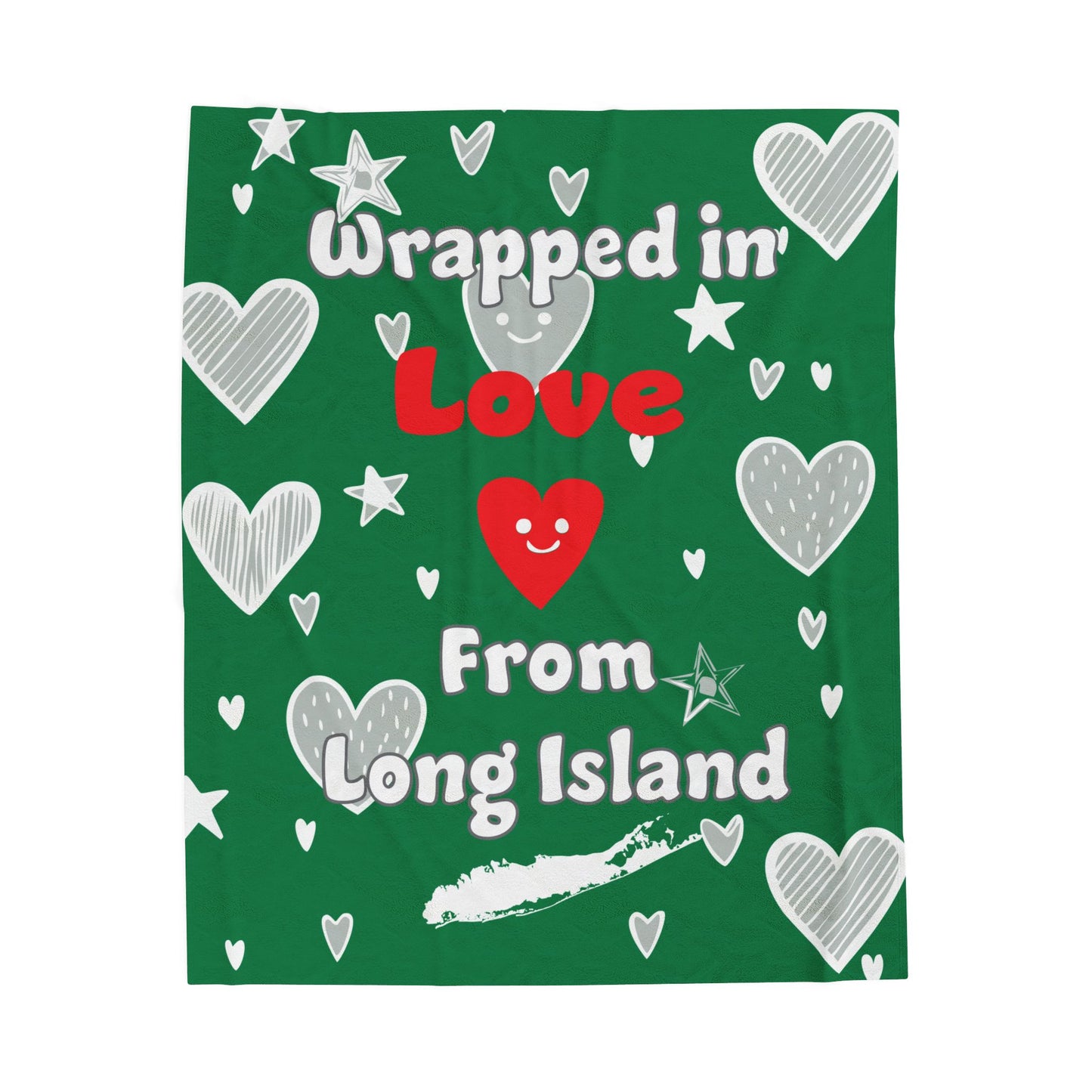 What's Up Long Island? Wrapped in Love Green Cozy Velveteen Plush Blanket, Soft Throw Blanket, Heart Design, Gift for Loved Ones
