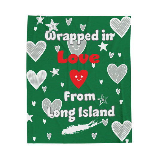 What's Up Long Island? Wrapped in Love Green Cozy Velveteen Plush Blanket, Soft Throw Blanket, Heart Design, Gift for Loved Ones