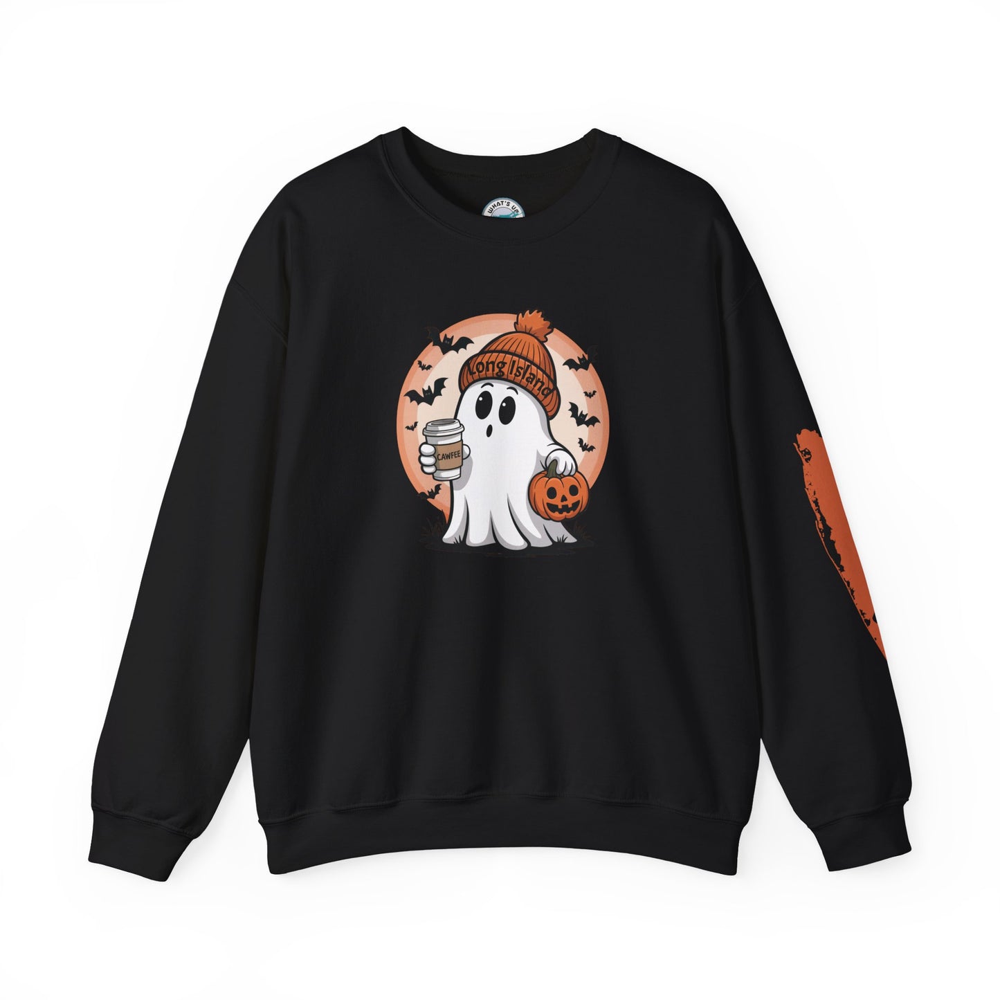 What's Up Long Island?  Cawfee Theme, Cute Halloween Ghost Sweatshirt, Halloween Gift, Cozy Autumn Wear, Unisex Apparel