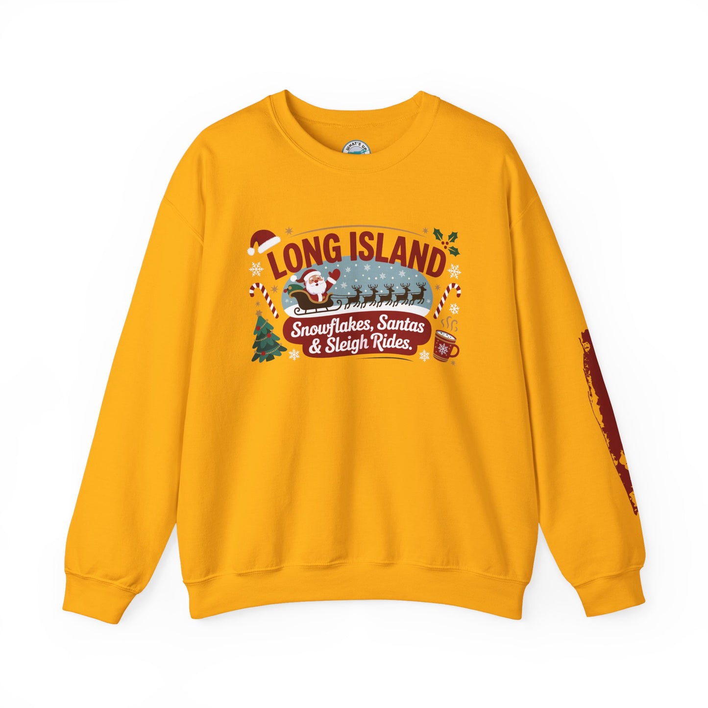 What's Up Long Island? Snowflakes, Santas & Sleigh Rides Holiday Sweatshirt, Cozy Christmas Sweatshirt, Winter Apparel