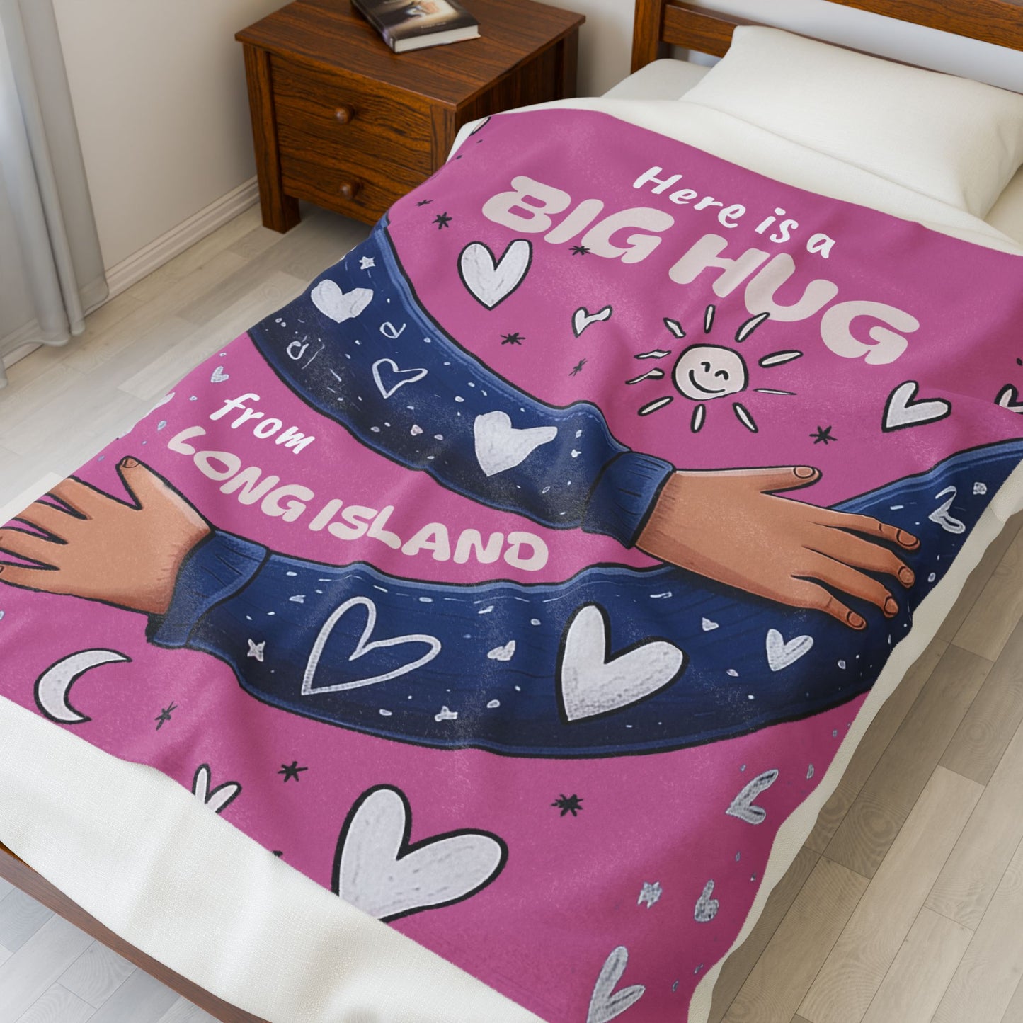 What's Up Long Island? Big Hug Velveteen Light Pink Plush Blanket - Big Hug from Long Island - Cozy Gift for Loved Ones