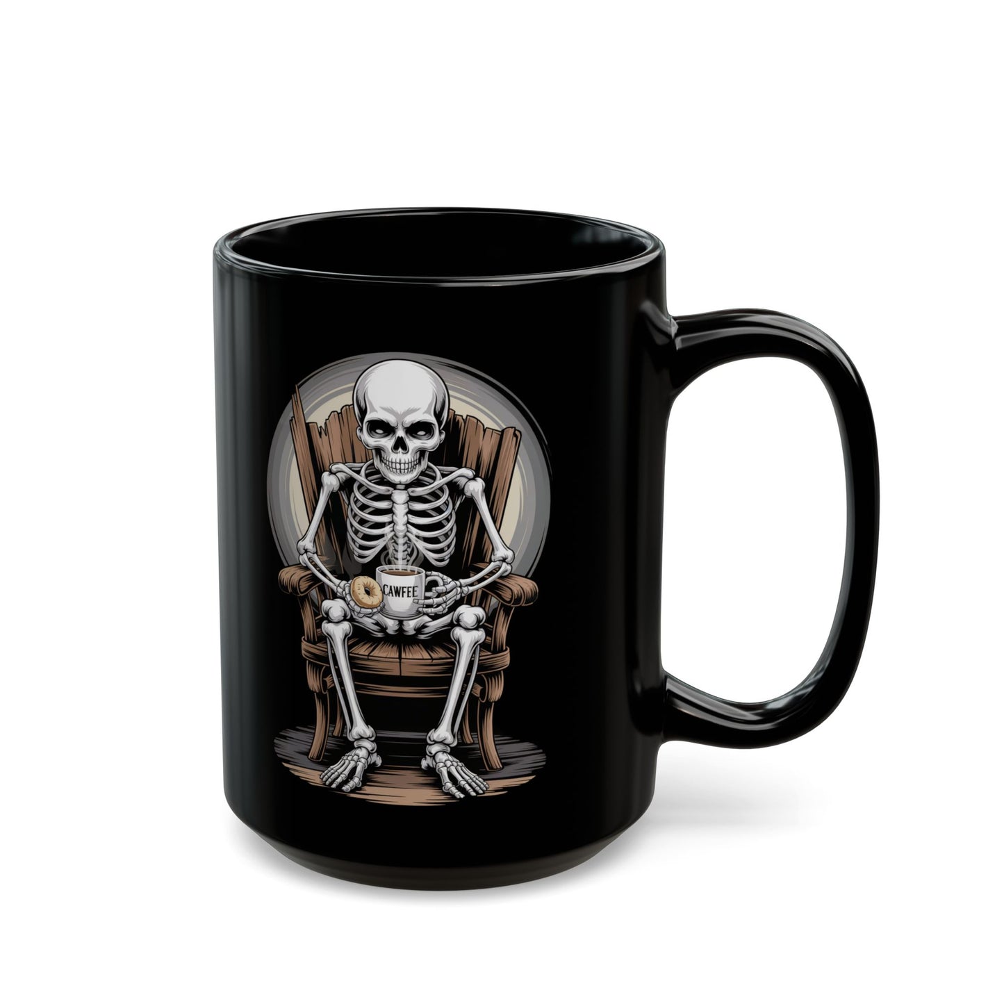 What's Up Long Island? Skeleton Cawfee Mug with Bagel | Black Mug, Halloween Decor, Gothic Gift, Home Office Accessory, Spooky Drinkware