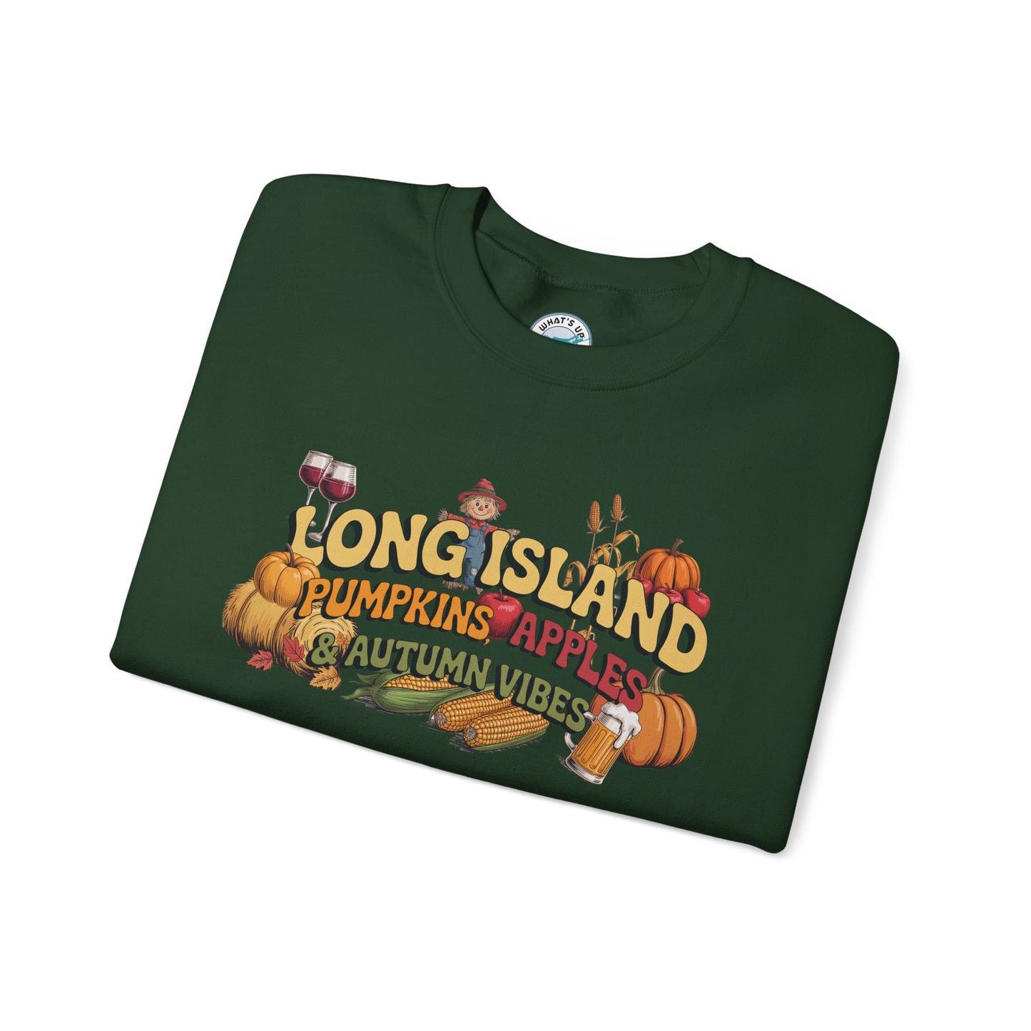 What's Up Long Island? Pumpkin, Apples & Autumn Vibes Crewneck Sweatshirt | Fall Sweater, Unisex Apparel, Thanksgiving Gift
