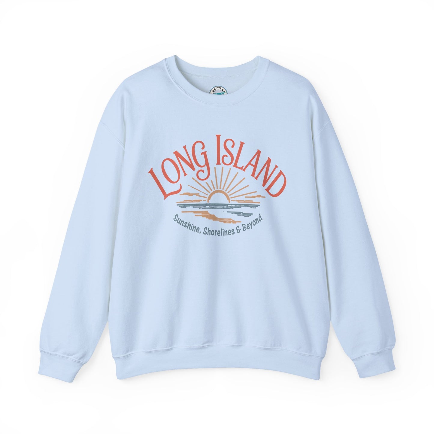 What's Up Long Island? Sunshine, Shorelines & Beyond - Sunset Crewneck Sweatshirt – Beach Vibes, Shoreline Graphic