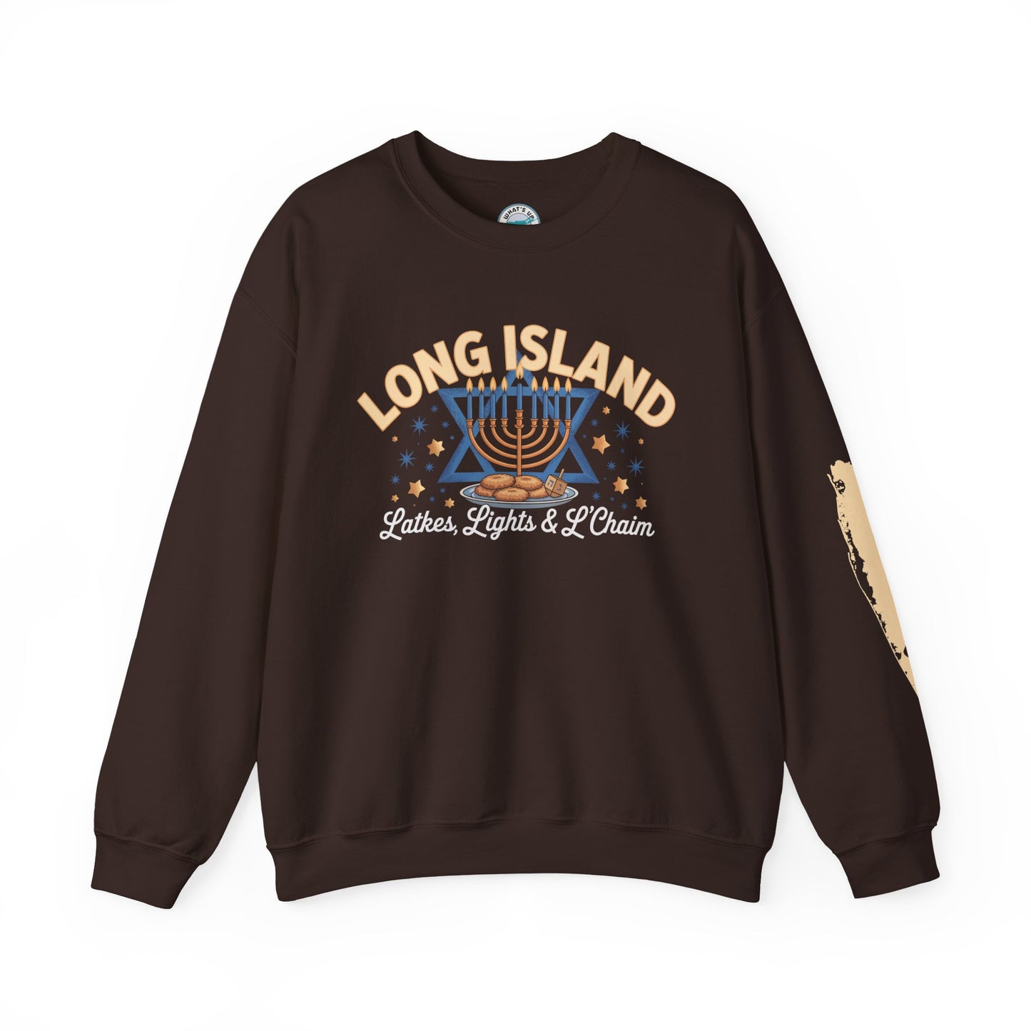 What's Up Long Island? Latkes, Lights & L'Chaim - Menorah Sweatshirt, Cozy Crewneck for Celebrations, Hanukkah Gift, Unisex Sweatshirt, Festive Holiday Apparel, Jewish Pride Wear