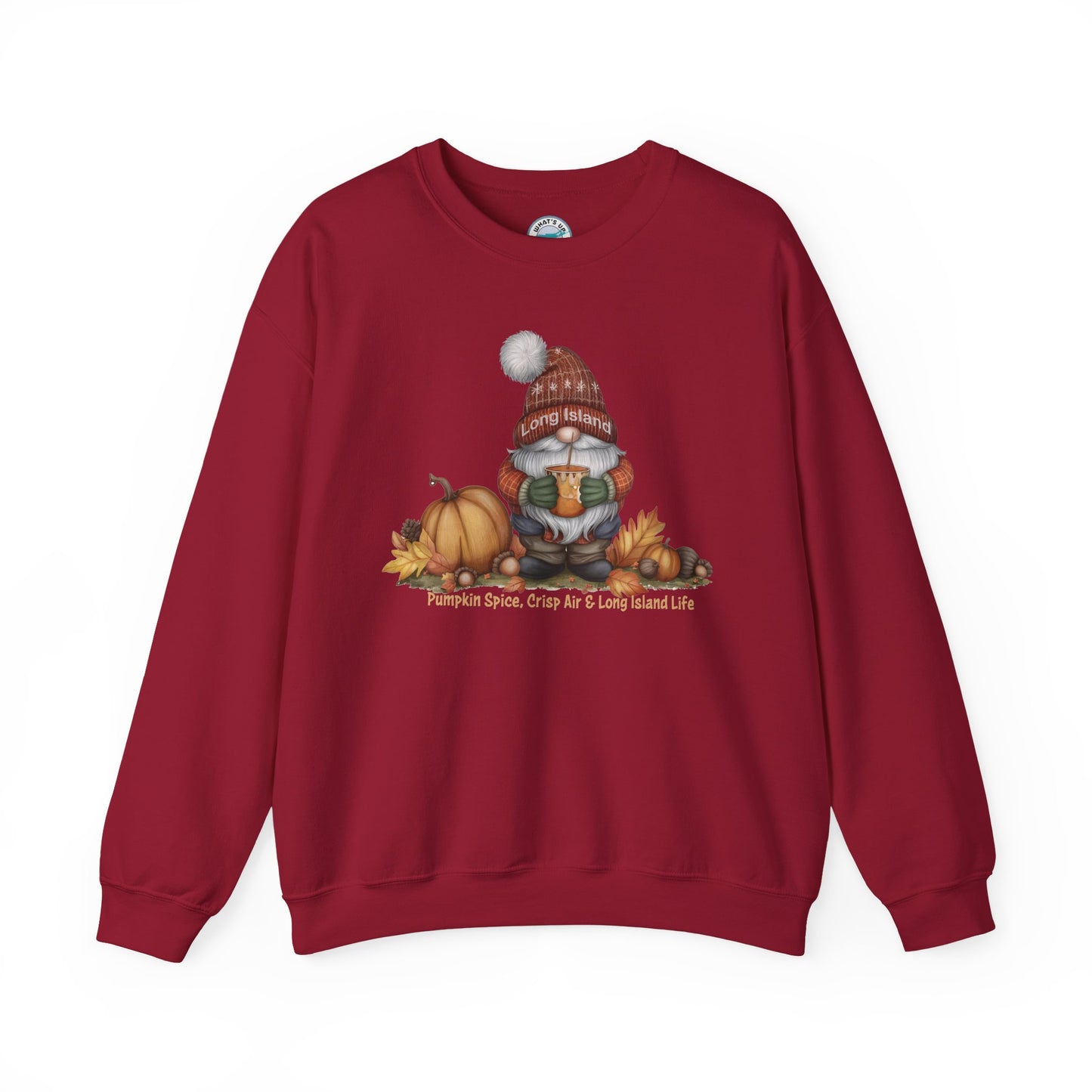 What's Up Long Island? Fall Gnome Sweatshirt: Pumpkin Spice Vibes, Cozy Autumn Apparel, Thanksgiving Gift, Unisex Crewneck, Seasonal Style