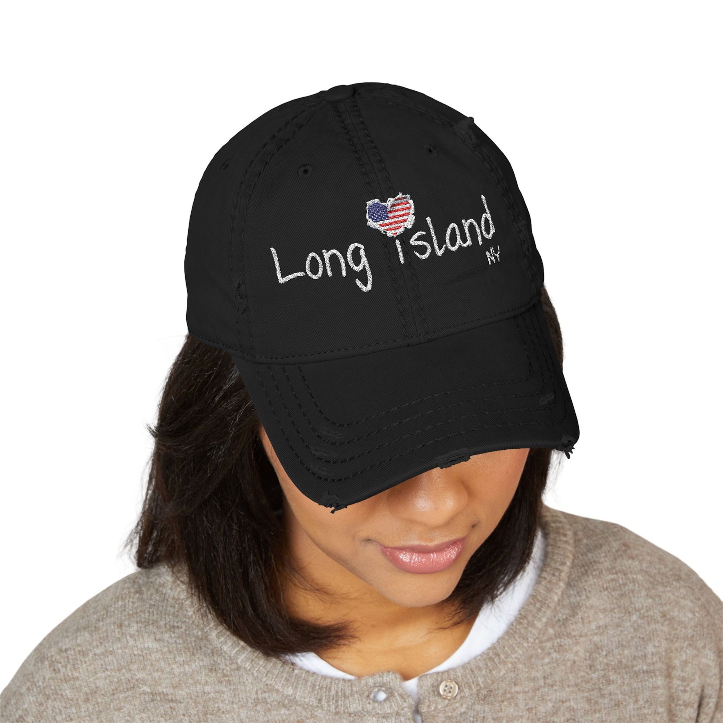 What's Up Long Island? NY Embroidered Distressed Hat with American Heart