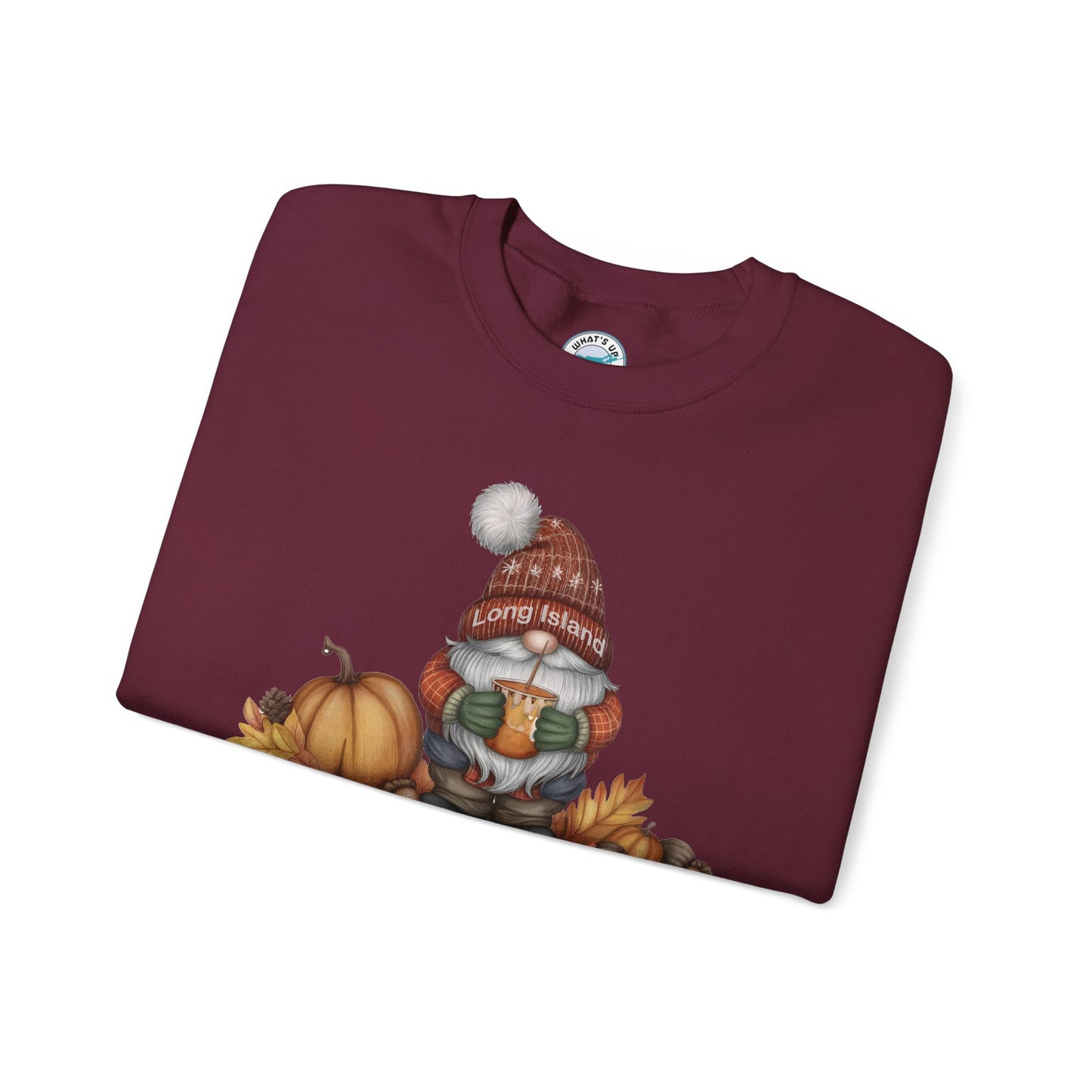 What's Up Long Island? Fall Gnome Sweatshirt: Pumpkin Spice Vibes, Cozy Autumn Apparel, Thanksgiving Gift, Unisex Crewneck, Seasonal Style