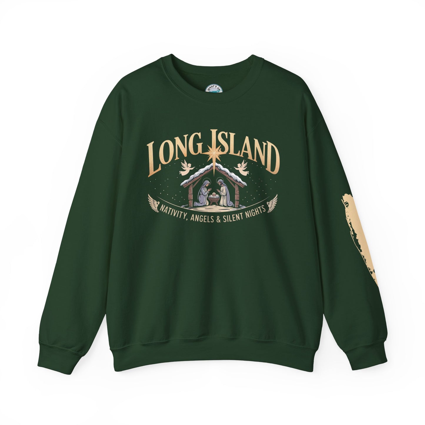 What's Up Long Island? Nativity, Angels & Silent Nights Unisex Crewneck Sweatshirt | Cozy Holiday Apparel, Gift for Christmas