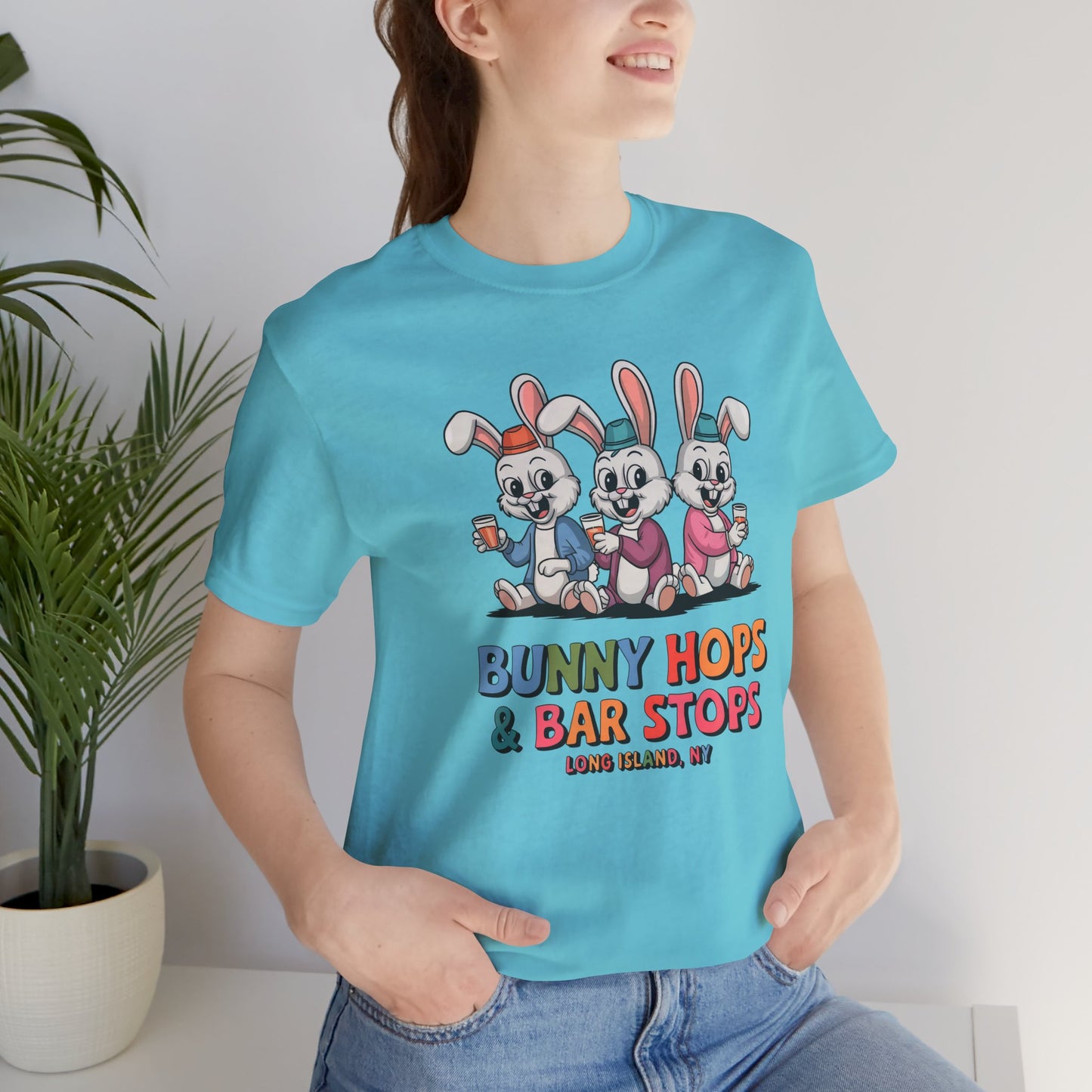 What's Up Long Island?  Bunny Hops & Bar Stops Long Island, NY - Unisex T-Shirt - Fun Easter & Spring Graphic Tee