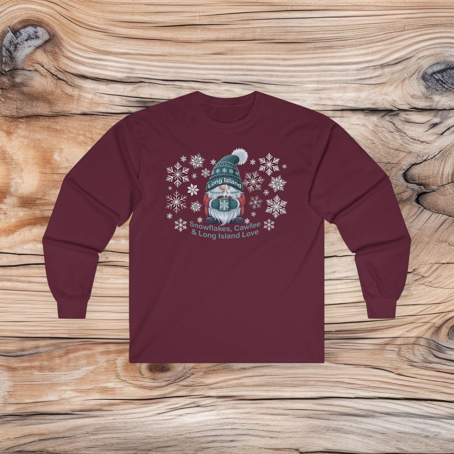What's Up Long Island? Cute Winter Gnome Long Sleeve Tee, Cozy Holiday Gift, Unisex Tee, Perfect for Christmas, Winter Parties, and Everyday Wear