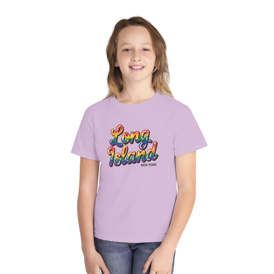 What's Up Long Island? New York Youth Tee — Colorful Retro Script Kids T-Shirt