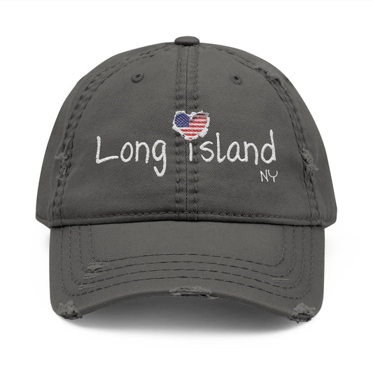 What's Up Long Island? NY Embroidered Distressed Hat with American Heart