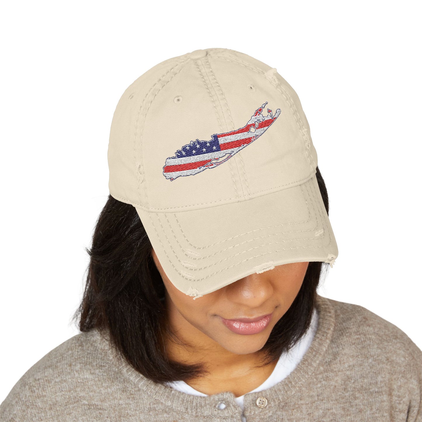 What's Up Long Island? Distressed Embroidered USA Flag Hat — Long Island American State Baseball Cap