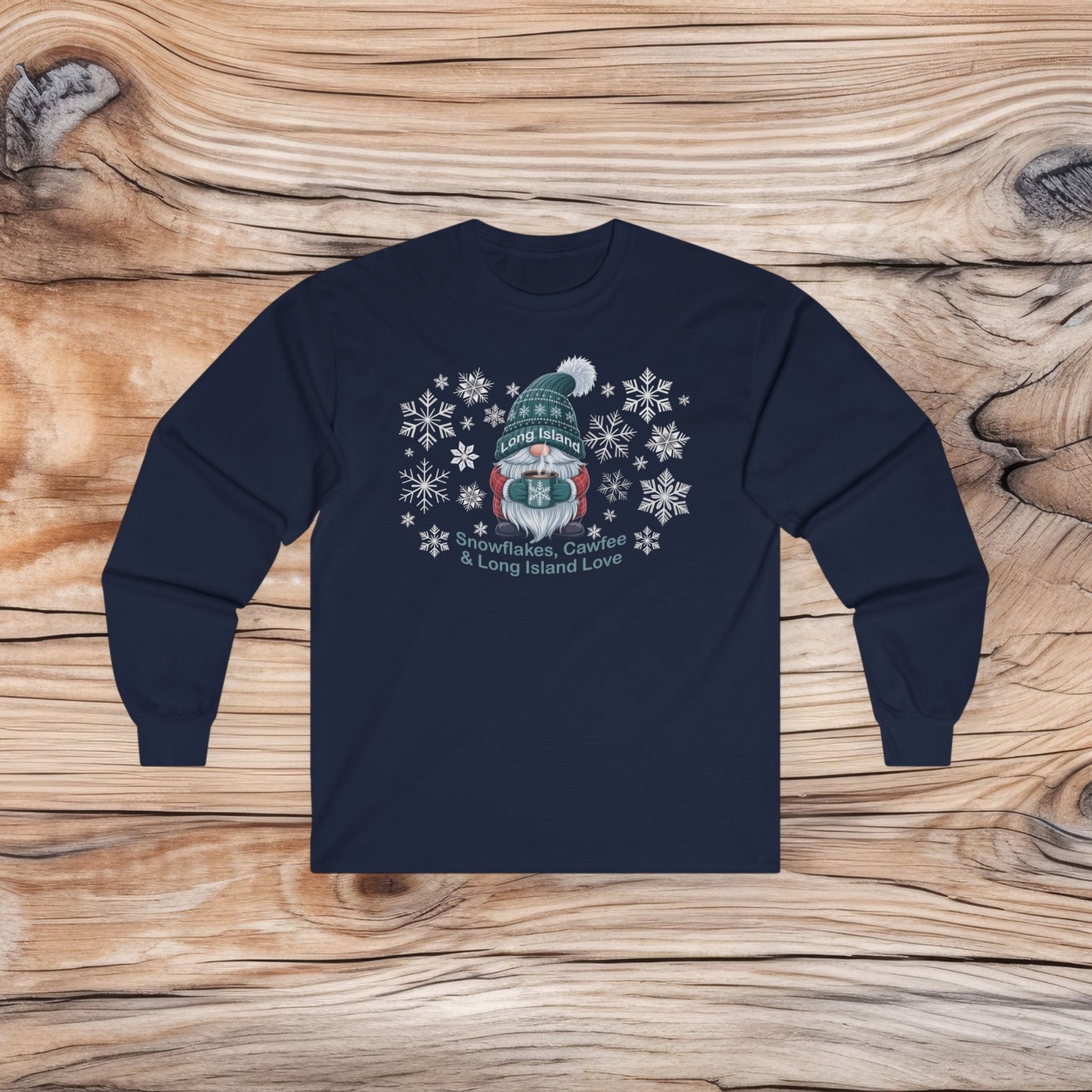 What's Up Long Island? Cute Winter Gnome Long Sleeve Tee, Cozy Holiday Gift, Unisex Tee, Perfect for Christmas, Winter Parties, and Everyday Wear