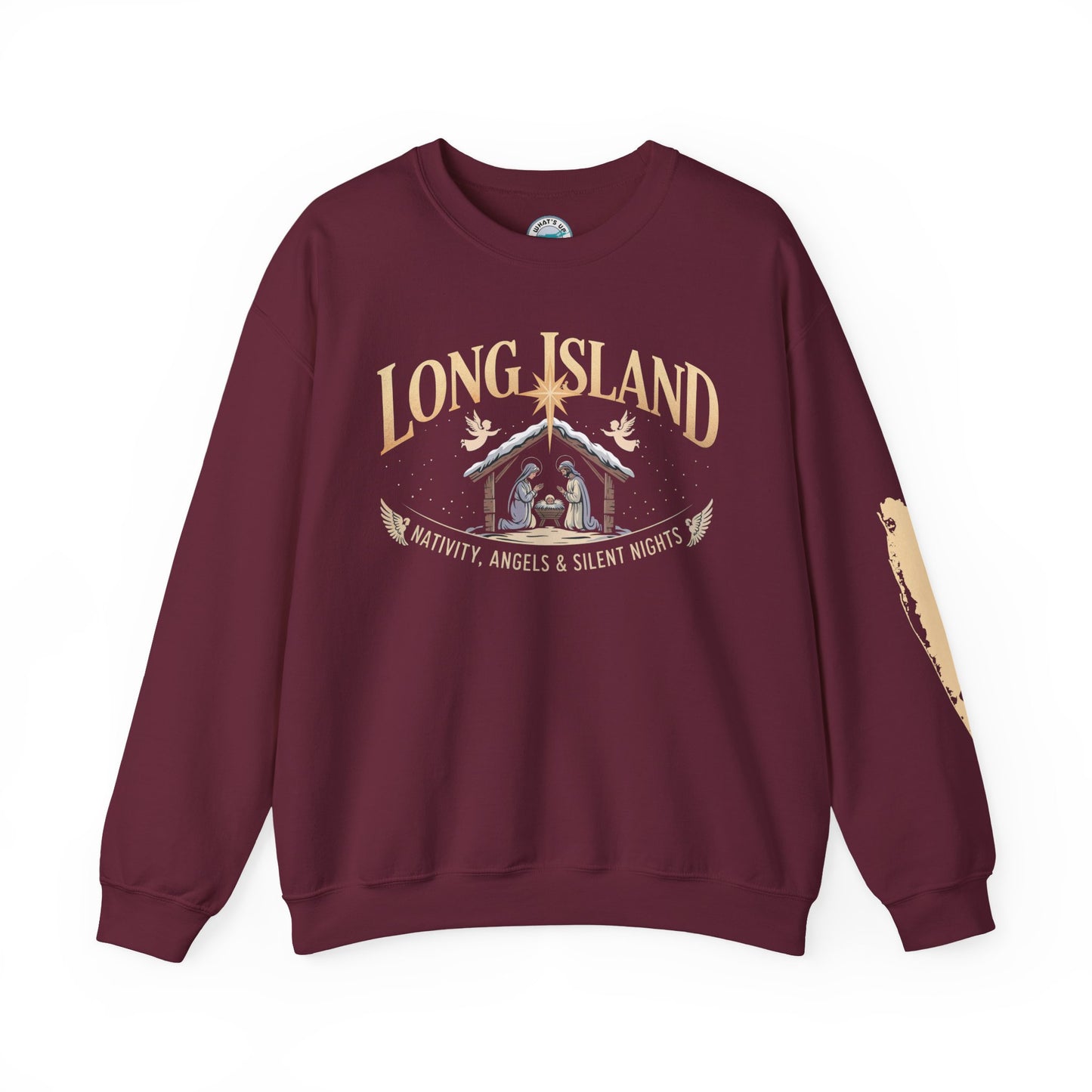 What's Up Long Island? Nativity, Angels & Silent Nights Unisex Crewneck Sweatshirt | Cozy Holiday Apparel, Gift for Christmas