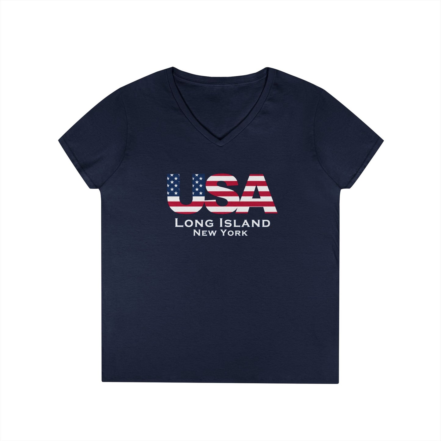 USA What's Up Long Island? Ladies' V-Neck T-Shirt | Patriotic Top, Summer Wear, Travel Tee, Gift for Her, Independence Day