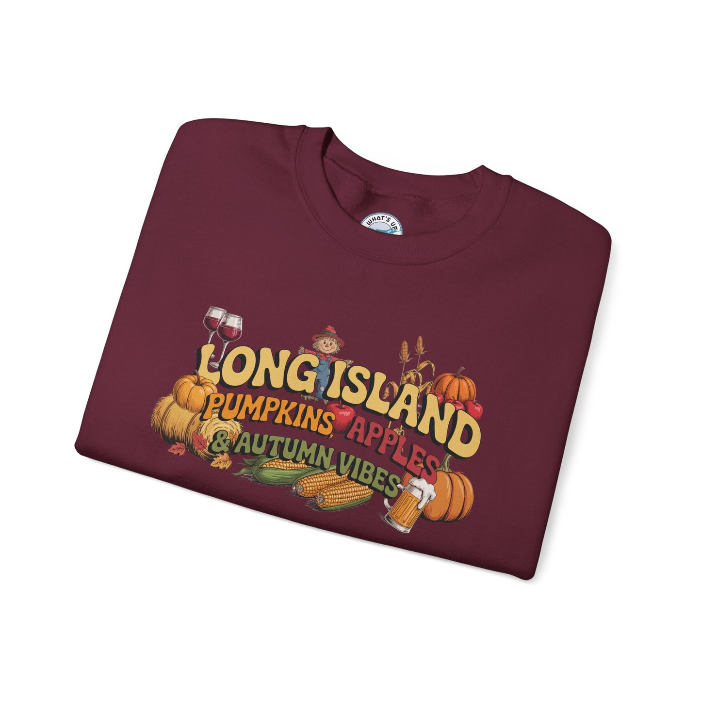 What's Up Long Island? Pumpkin, Apples & Autumn Vibes Crewneck Sweatshirt | Fall Sweater, Unisex Apparel, Thanksgiving Gift