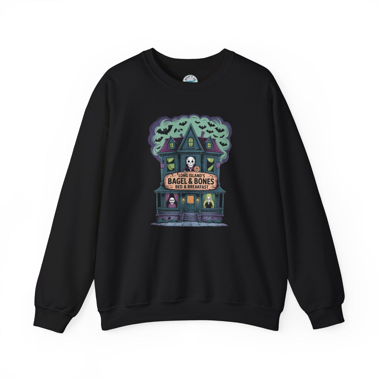 What's Up Long Island? Bagel and Bones Bed and Breakfast Spooky House Crewneck Sweatshirt - Perfect for Halloween, Unisex Sweatshirt