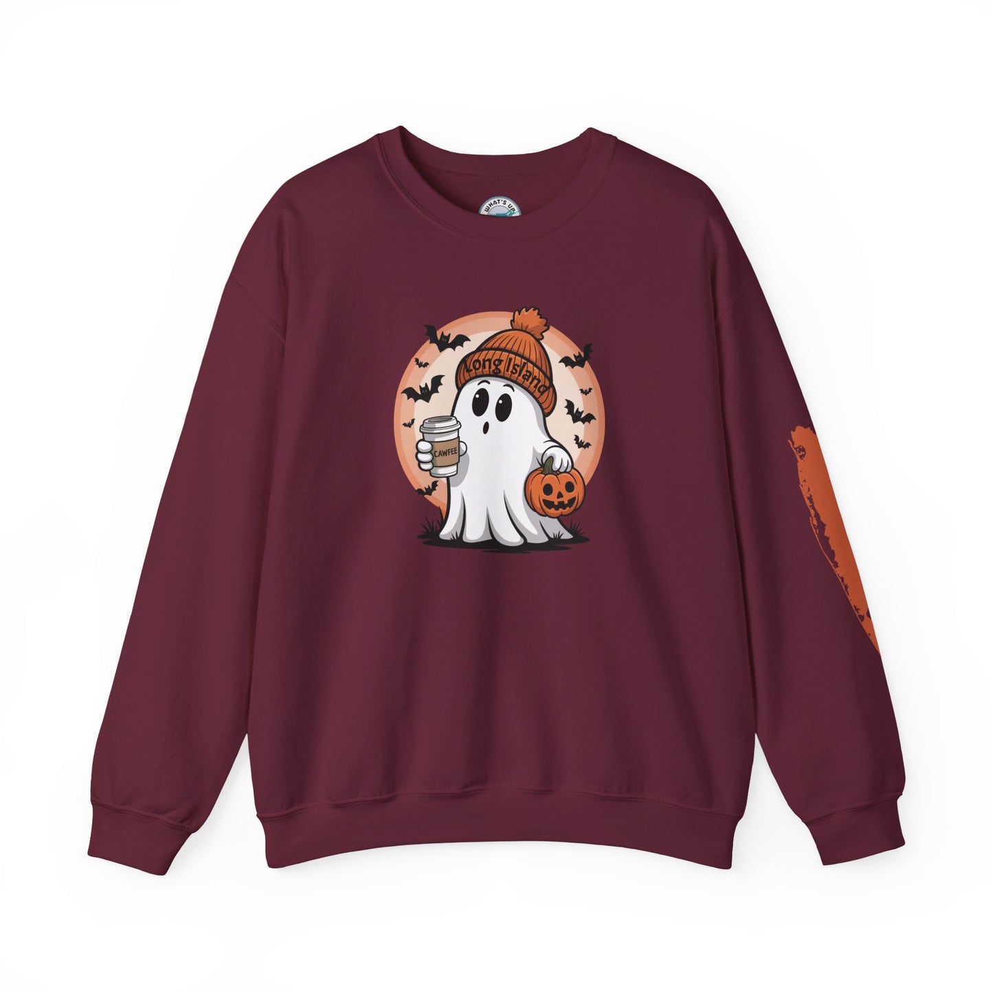 What's Up Long Island?  Cawfee Theme, Cute Halloween Ghost Sweatshirt, Halloween Gift, Cozy Autumn Wear, Unisex Apparel