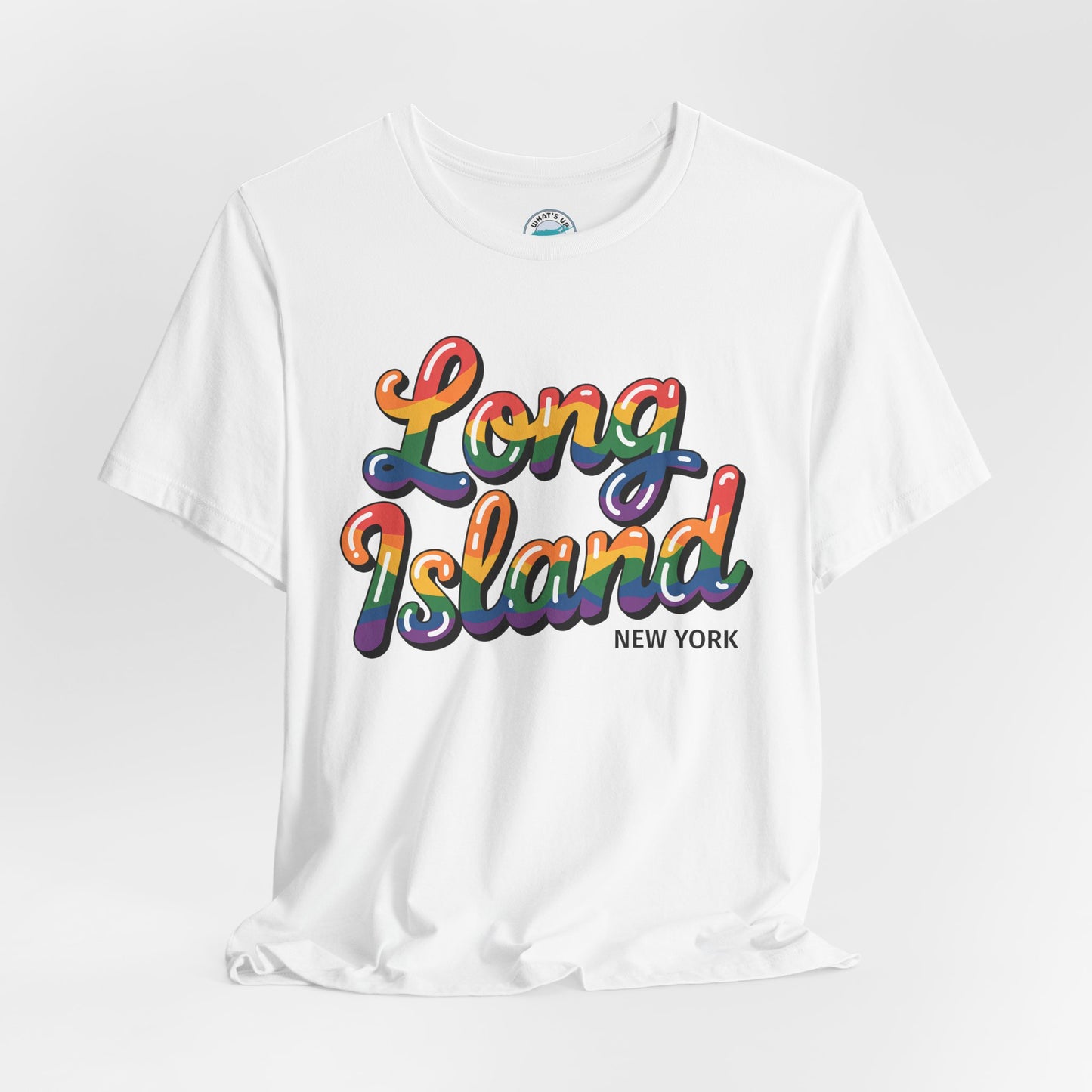 What's Up Long Island? New York Rainbow Script T‑Shirt